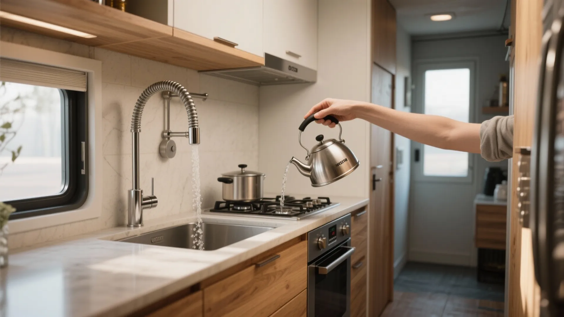 Person pours water from silver kettle into metal pot on a modern kitchen gas stove