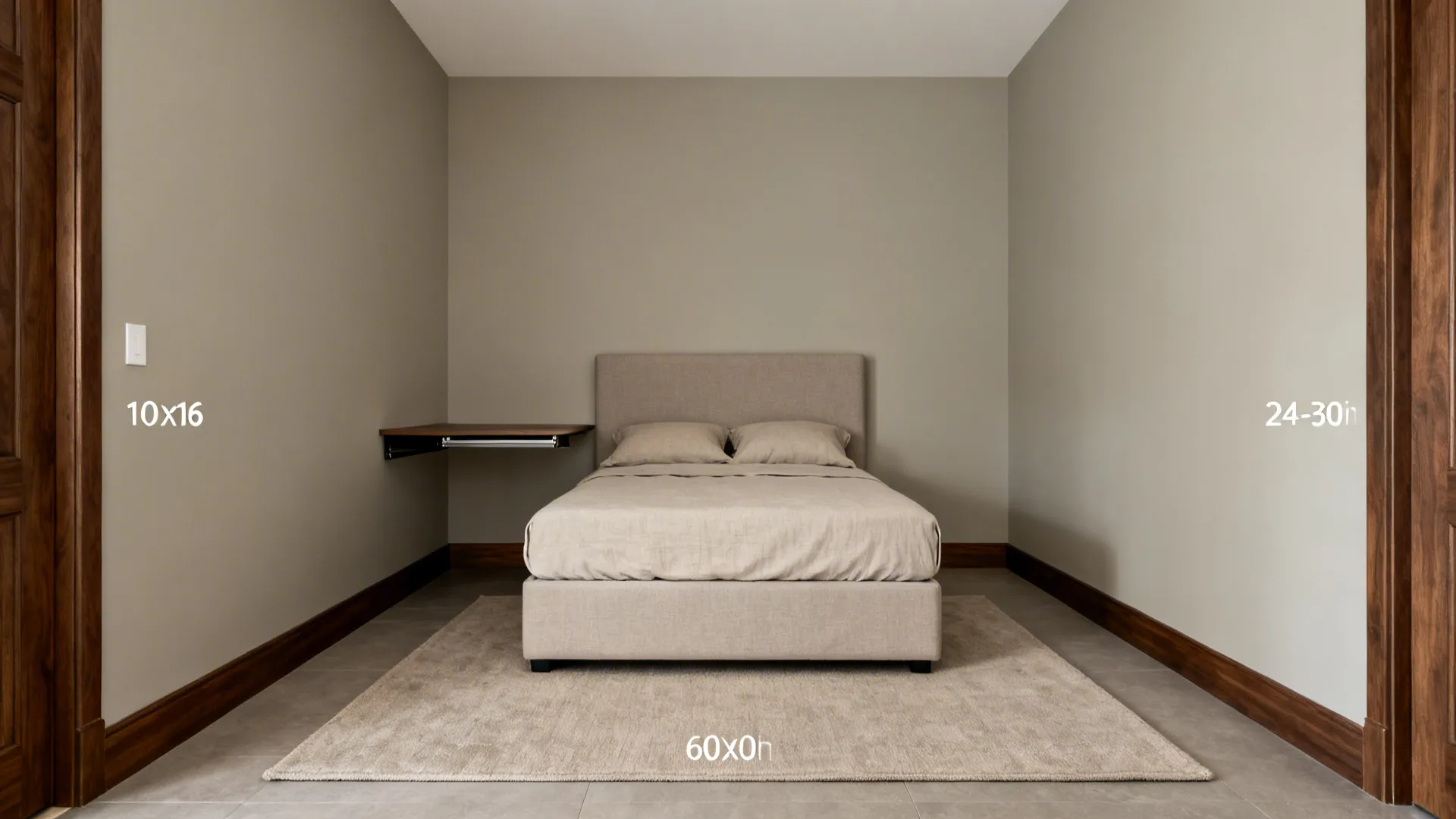 Compact queen bed centered with clear walkways in a 10x16 guest room featuring a fold-down desk.