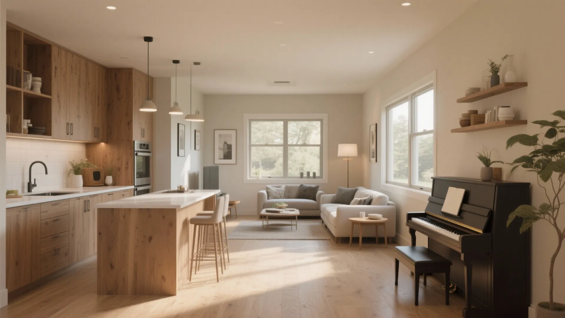 Modern open plan kitchen and living area with wooden cabinets white sofa and black piano