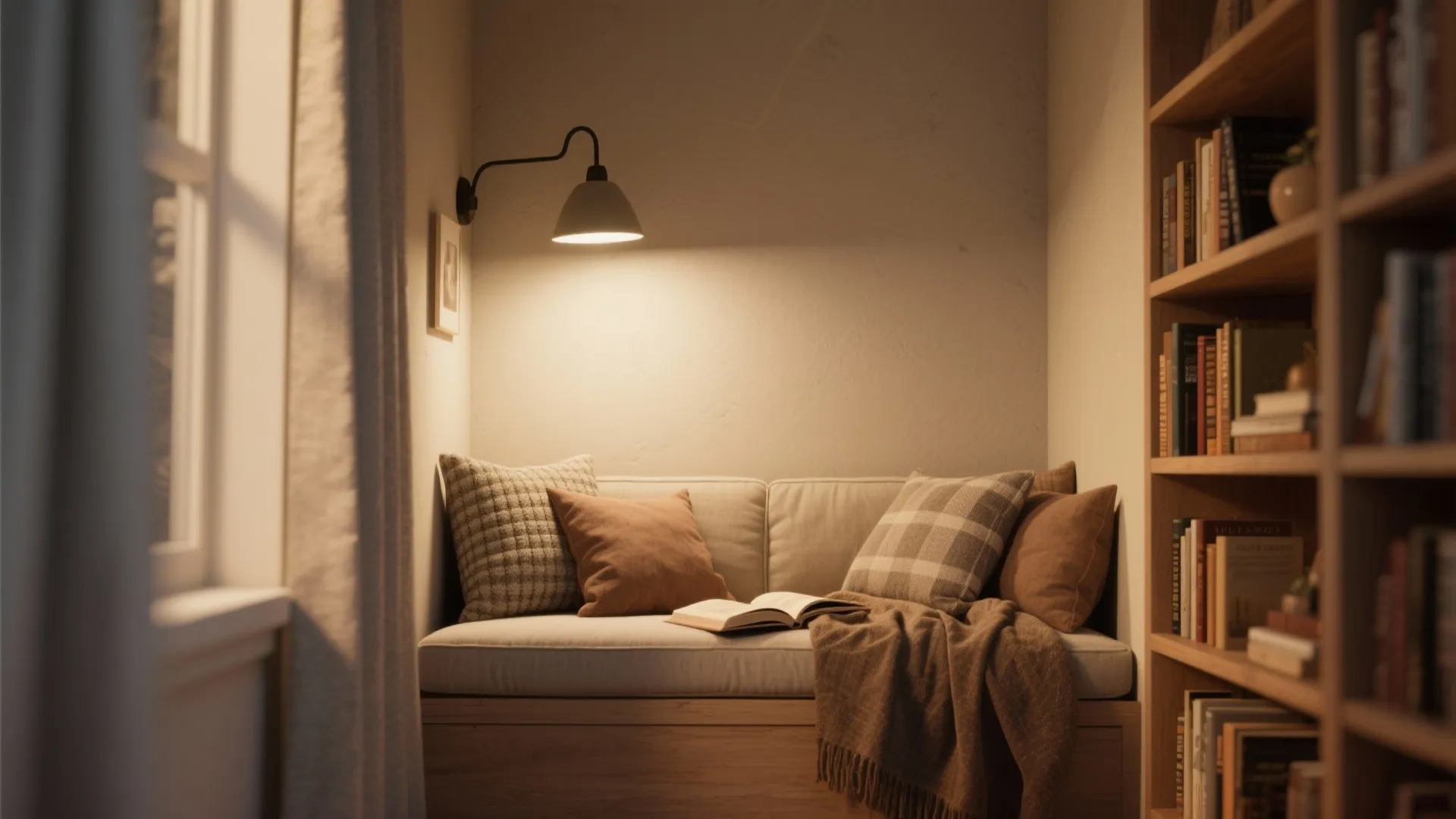 Small study nook with cushioned bench and warm lighting