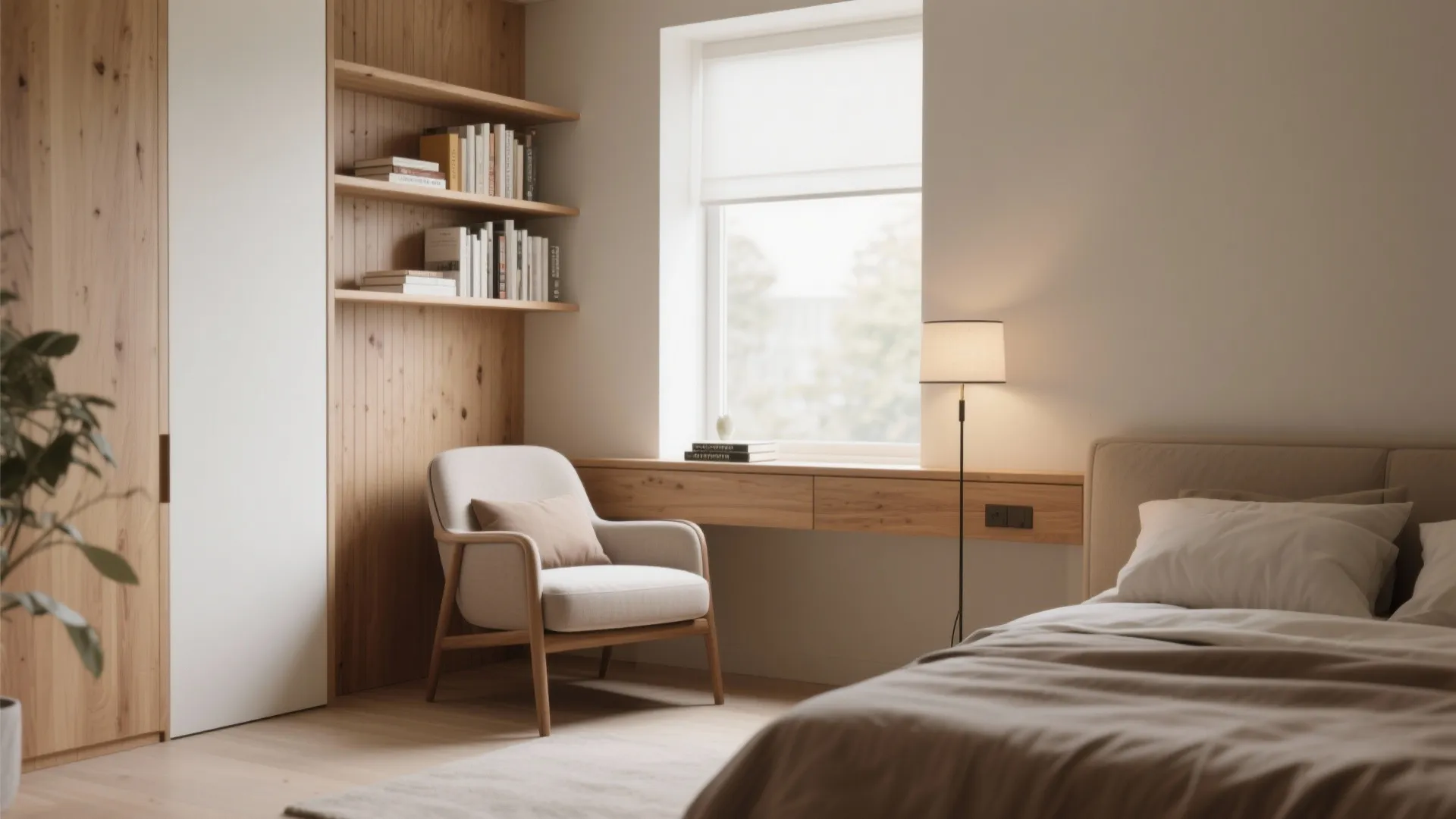 Cozy bedroom reading nook with wooden bookshelves white armchair floor lamp and desk under a window