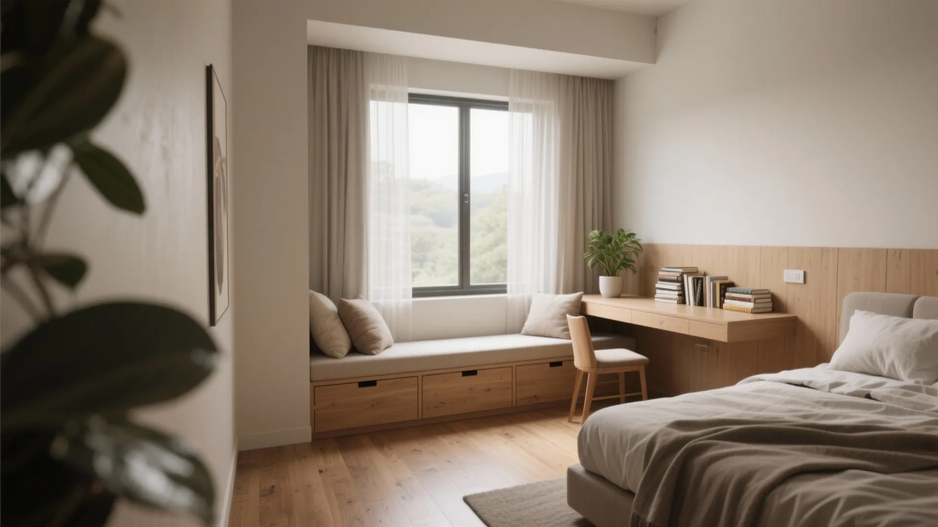 Compact reading nook with built-in bench storage under a window and a narrow desk in a small bedroom.