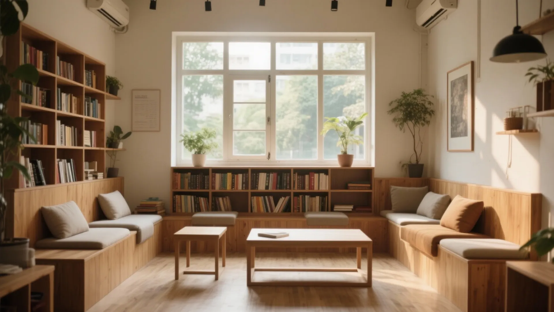 Cozy reading room featuring wooden benches with cushions plus many bookshelves around a central table