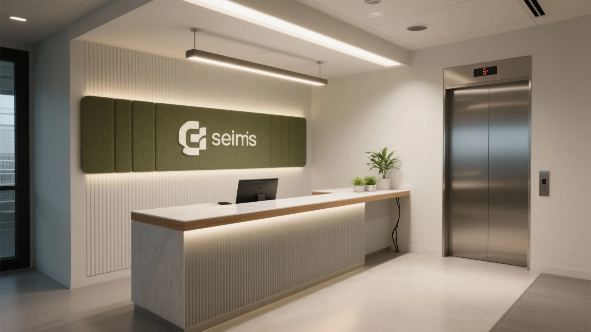 [
  {
    "url": "https://coohom-biz-sg-s3.coohom.com/ins/static/article/compact-reception-hero-1764963721311684300.jpg",
    "alt": "Modern office reception area featuring marble desk green wall panel light fixture and elevator entrance"
  }
]