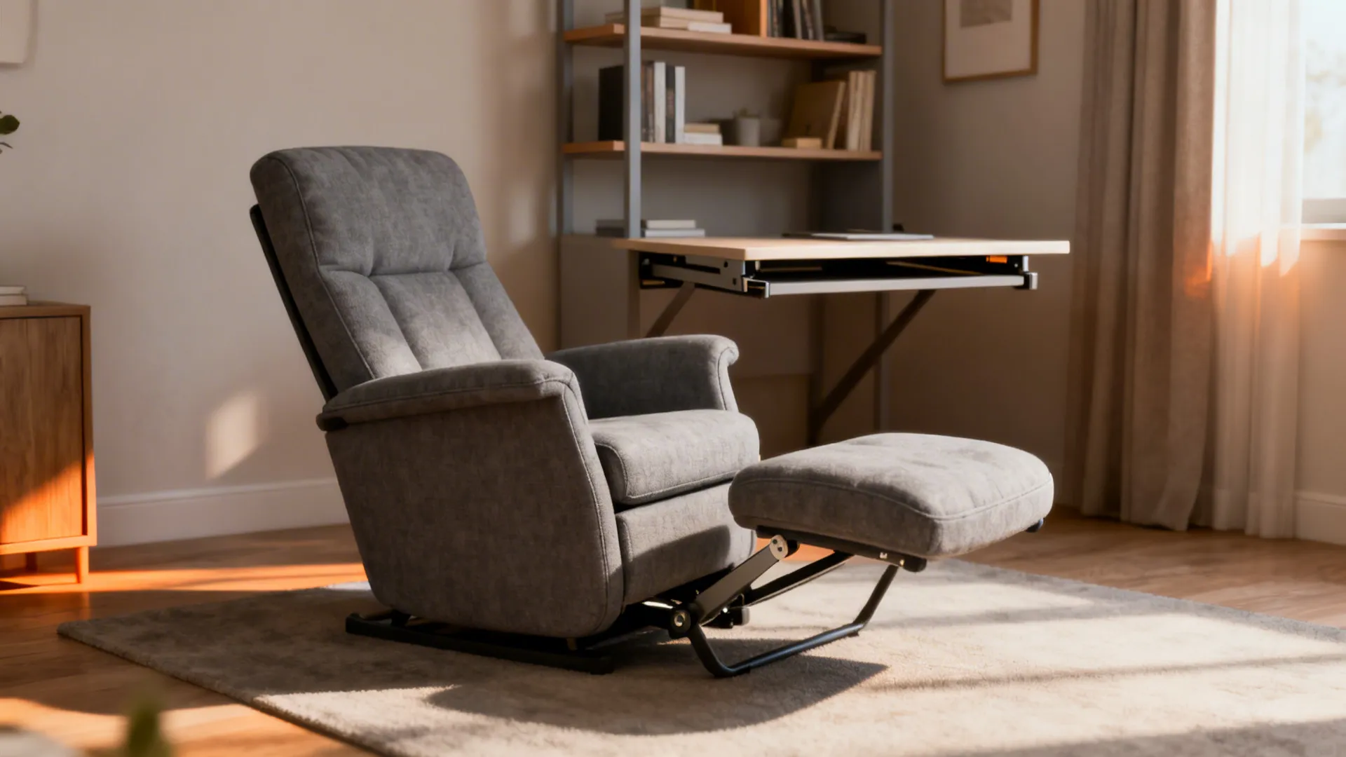 Compact reclining gray chair with ottoman in a multifunctional small room with neutral decor.