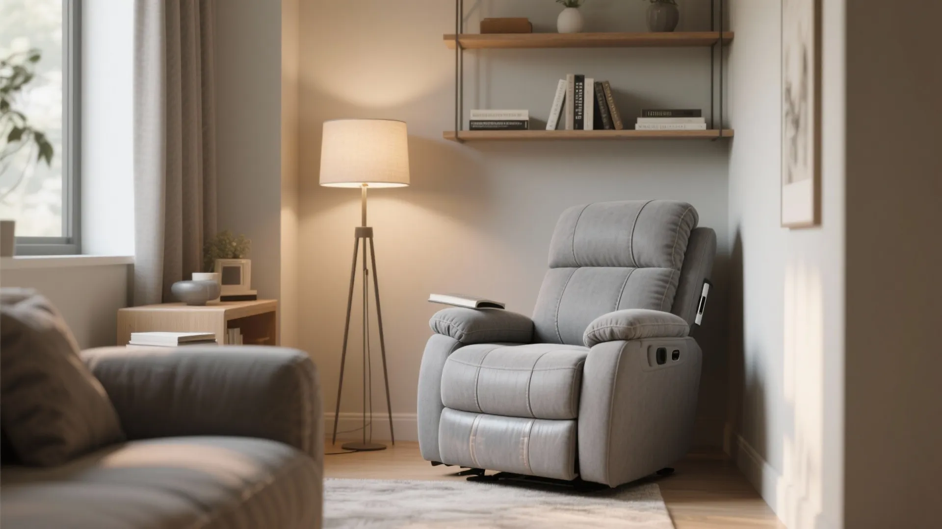 Slim-profile recliner in a cozy reading nook