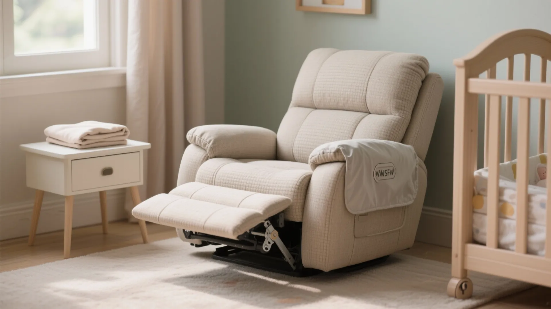 Compact recliner in a nursery shown mid-recline with locked footrest and a waterproof slipcover nearby.