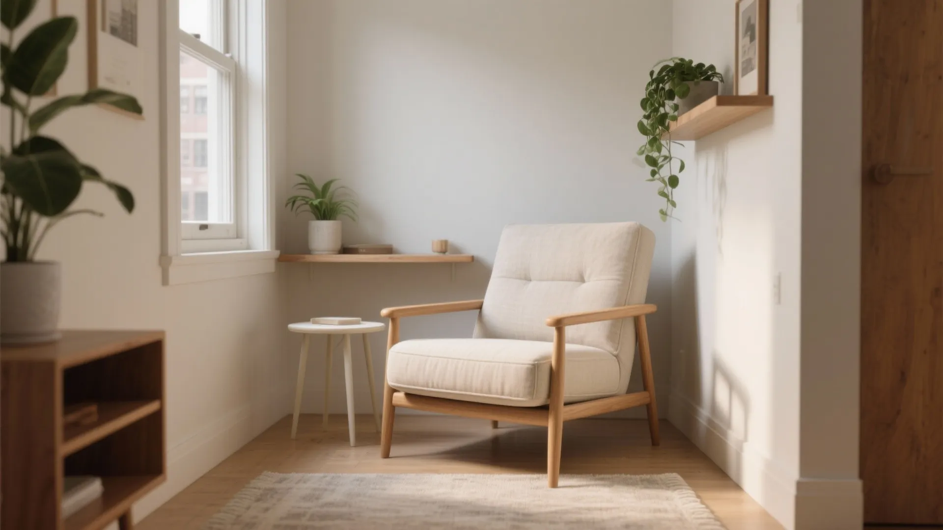 Minimalist living room corner with cream armchair wooden legs side table plants and natural light