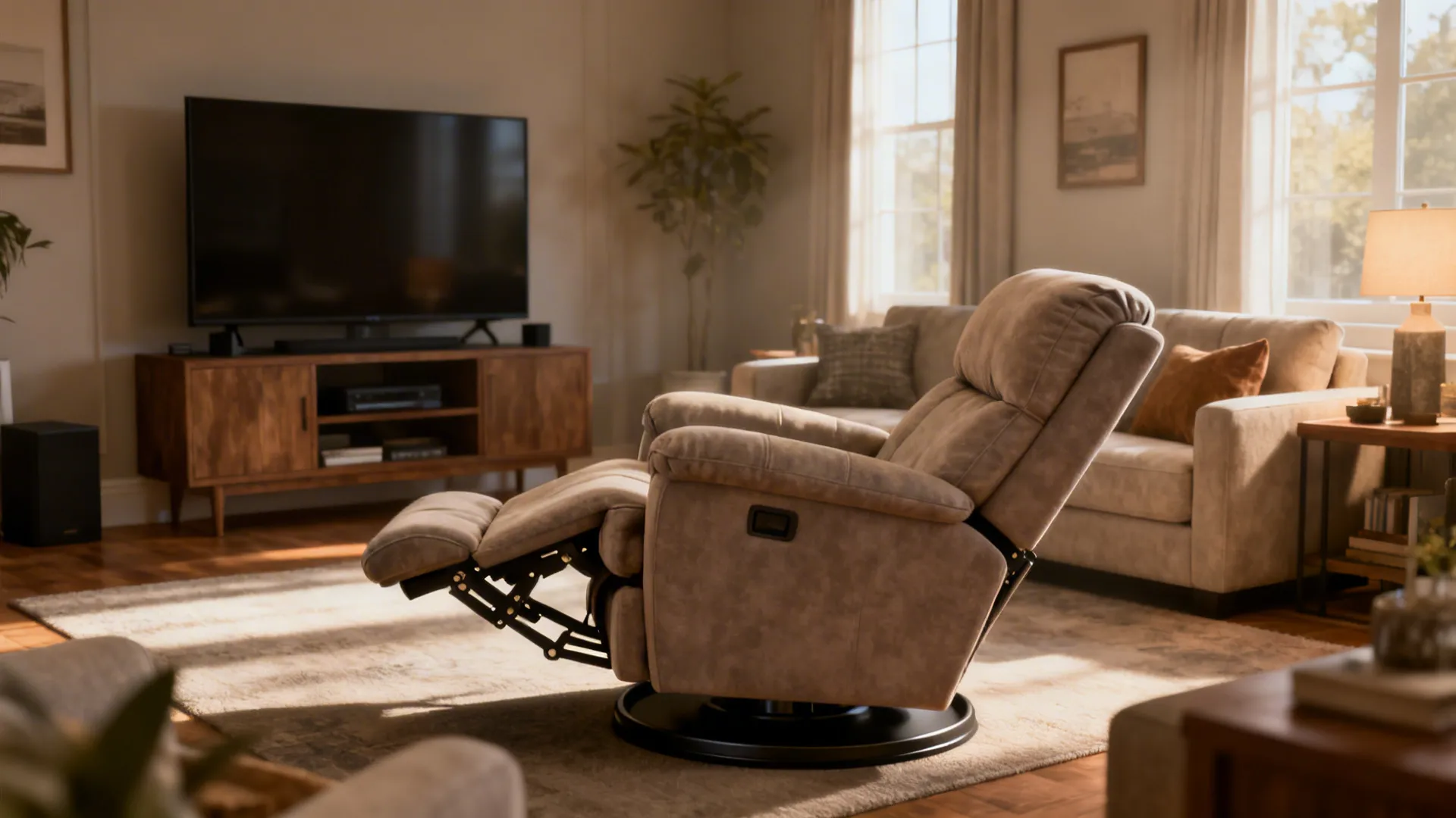 Compact swivel recliner in a multifunctional den showing recline and clearance space.