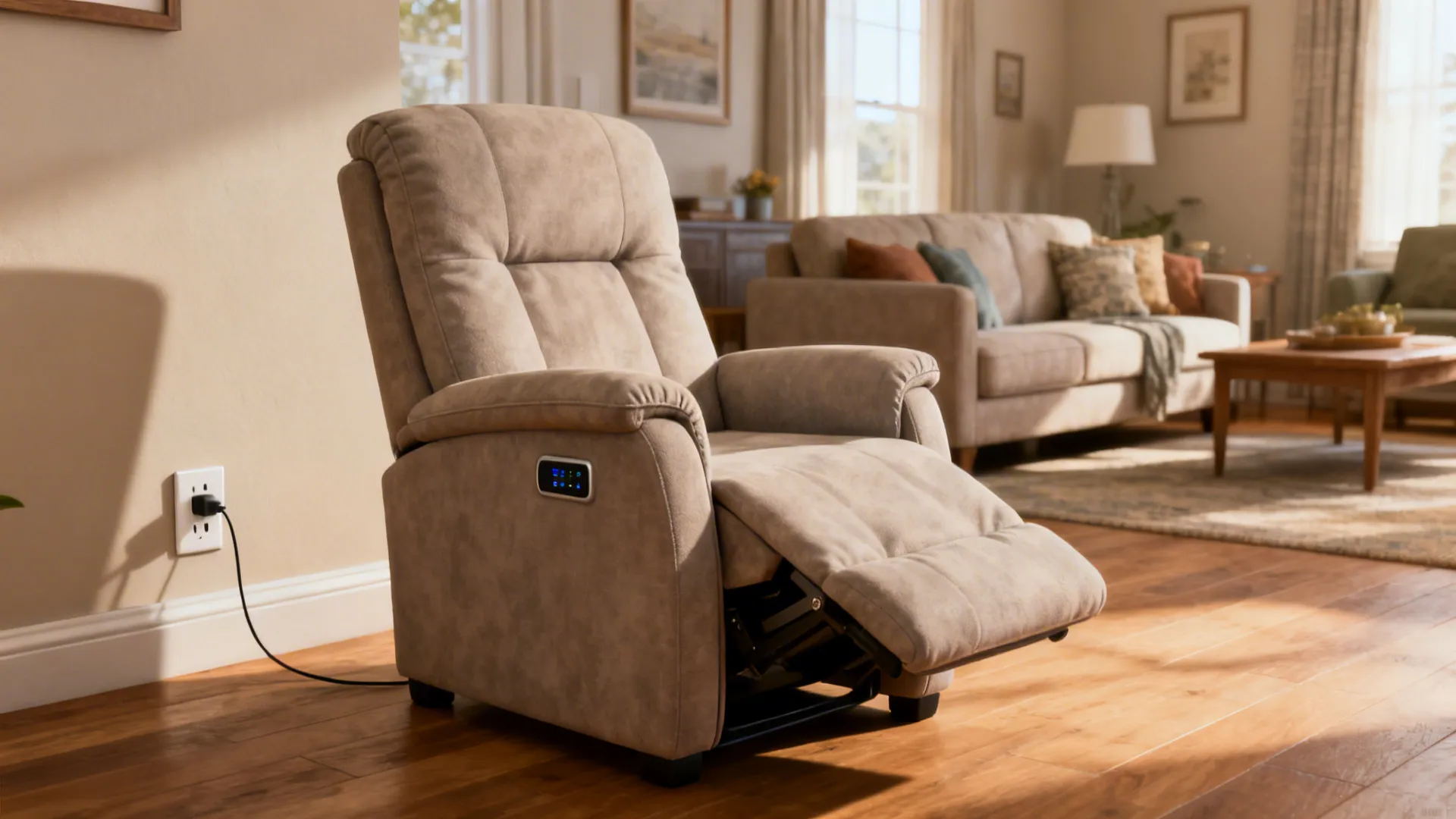 Compact recliner with discreet arms placed near an outlet with clearance for recline