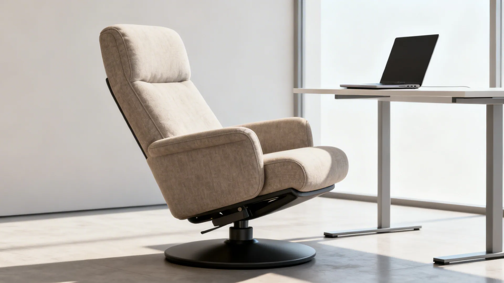 Compact swivel recliner in a multi-use living room, shown partially reclined next to a slim workspace table.