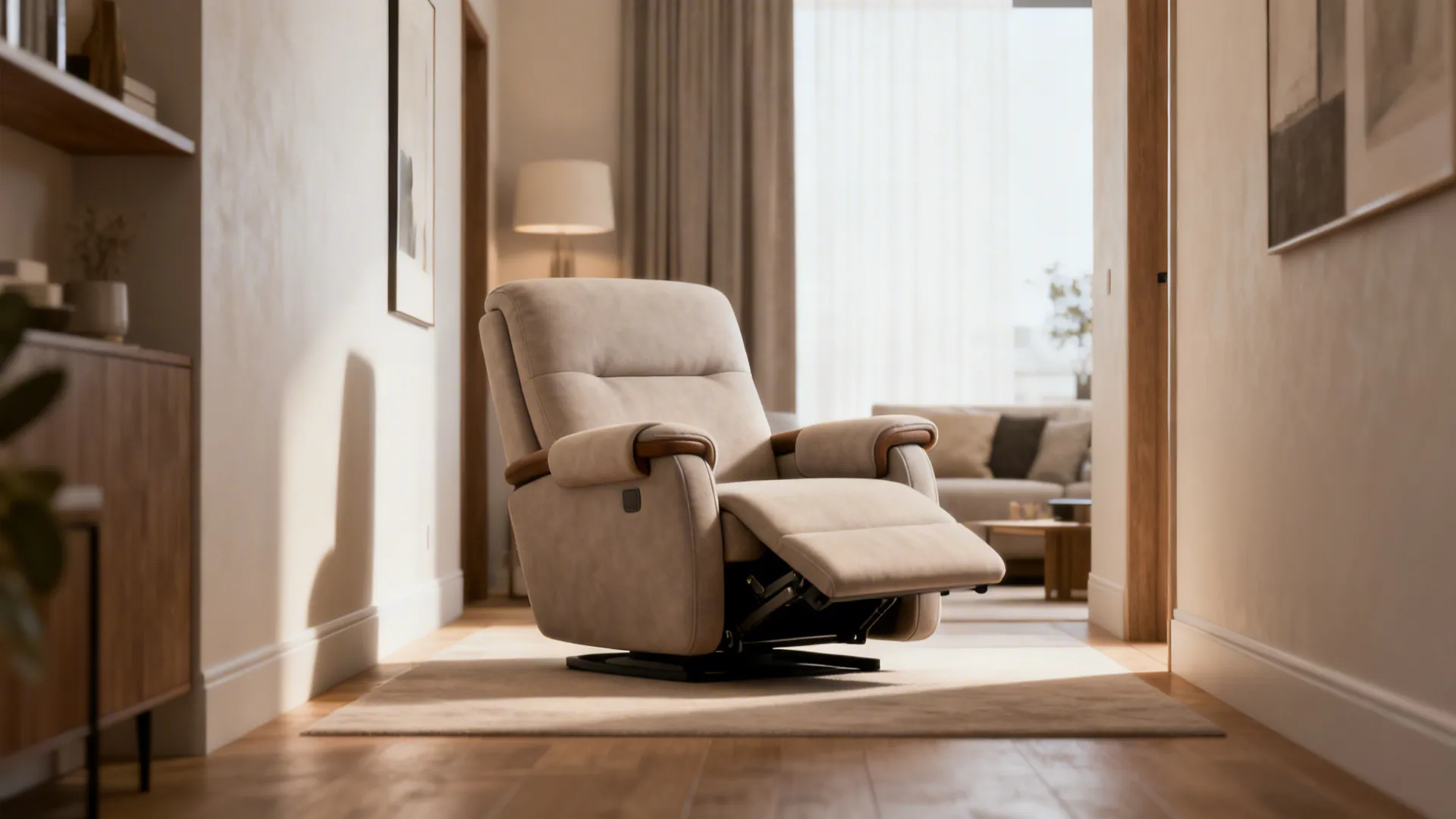 Streamlined compact recliner-style armchair in a small living room showing minimal clearance