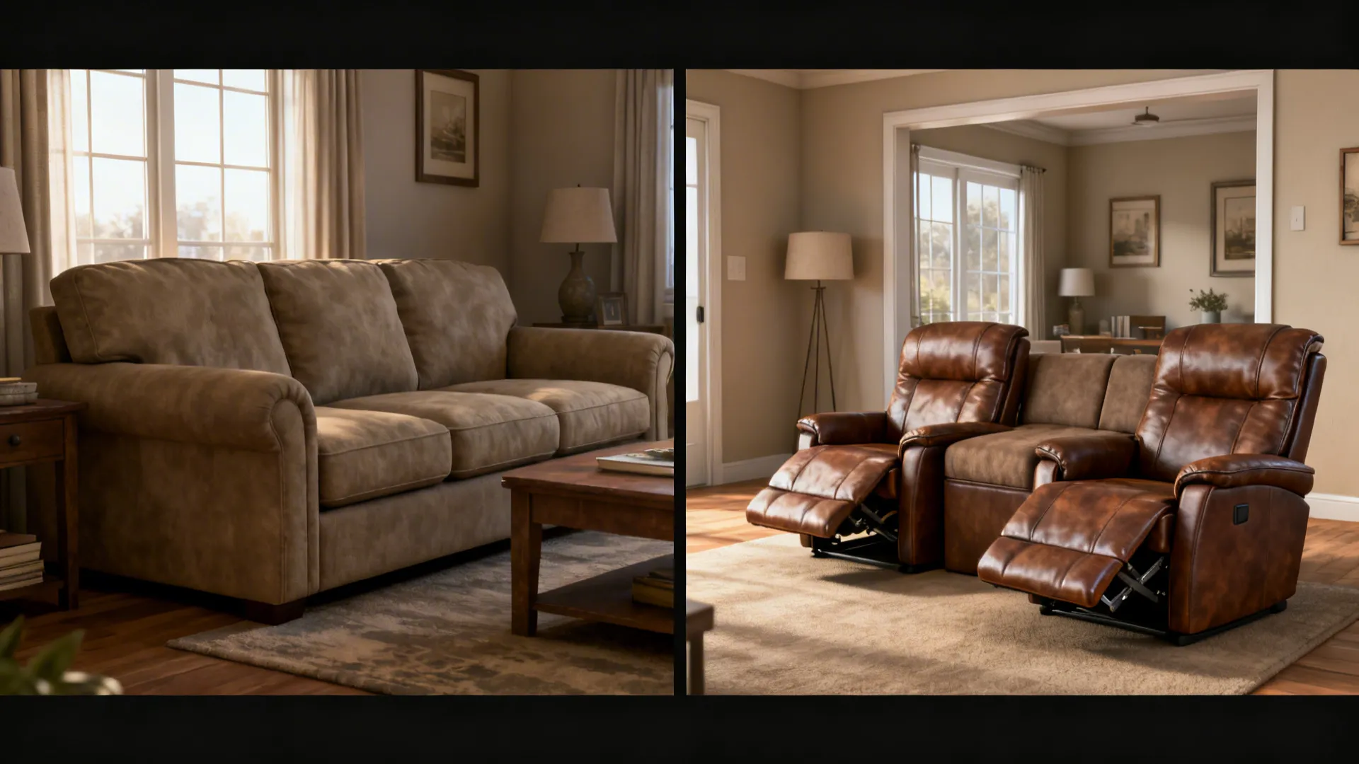 Before and after comparison showing a fabric sofa replaced by two brown leather recliner chairs