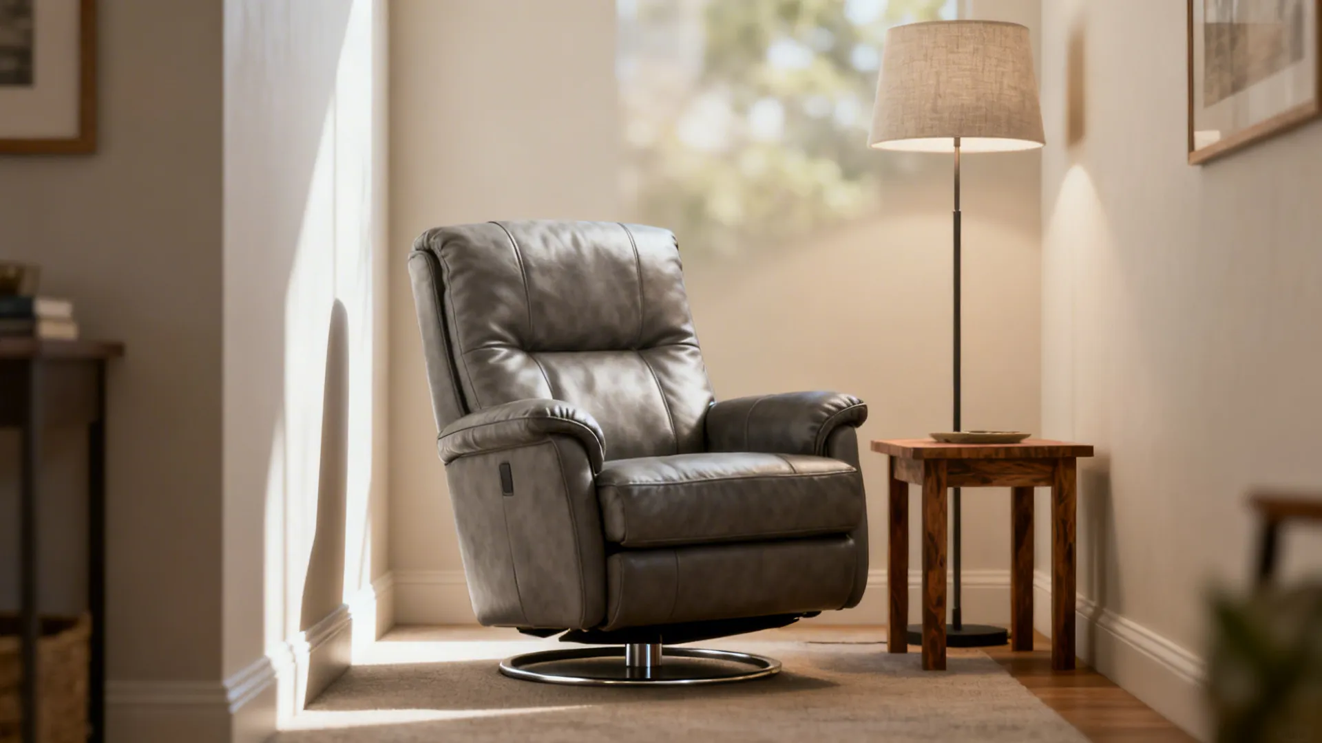 Compact gray leather recliner in a cozy narrow living room corner with side table and lamp.