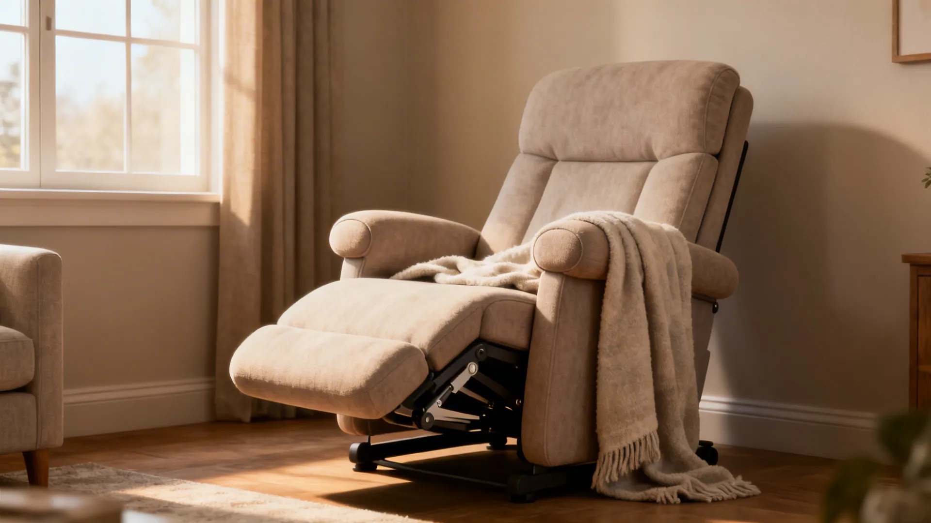 Compact reclining orthopedic chair with short rounded arms in a cozy living room corner