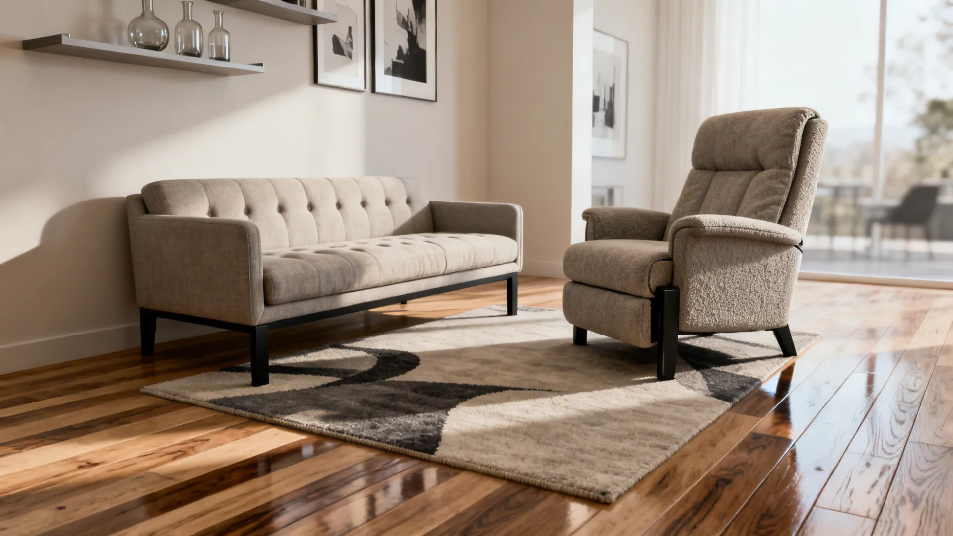 Modern living room featuring a beige sofa armchair and patterned rug on polished wooden floor