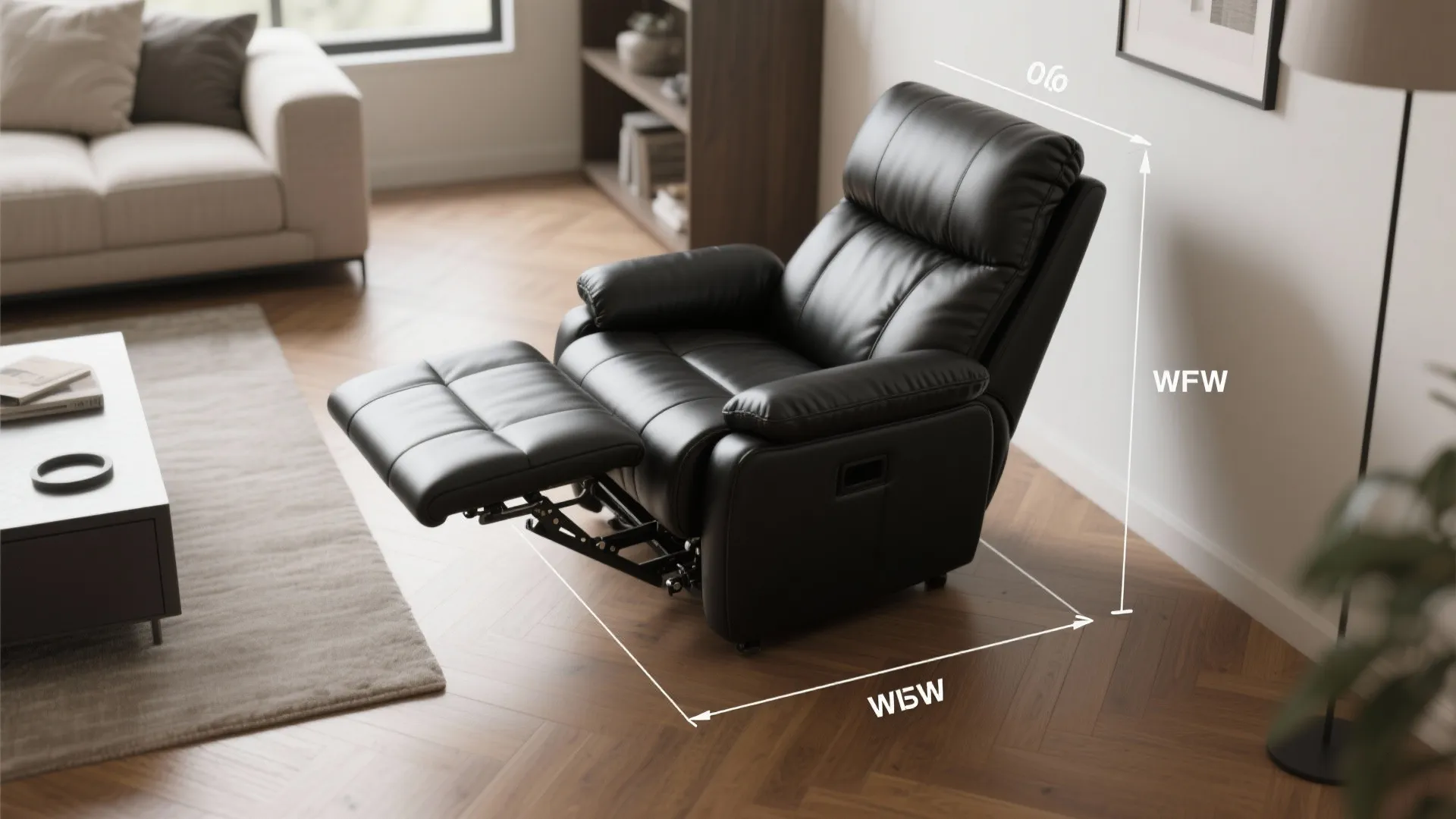 Black leather sofa with footrest shown with white size lines for interior design room layout