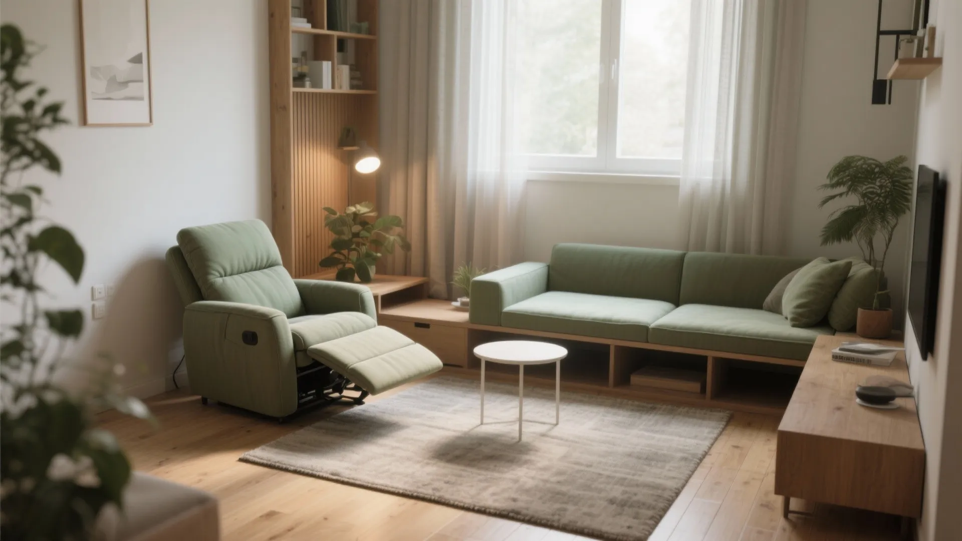 Modern green living room with sofa chair small coffee table wooden floor and large bright window