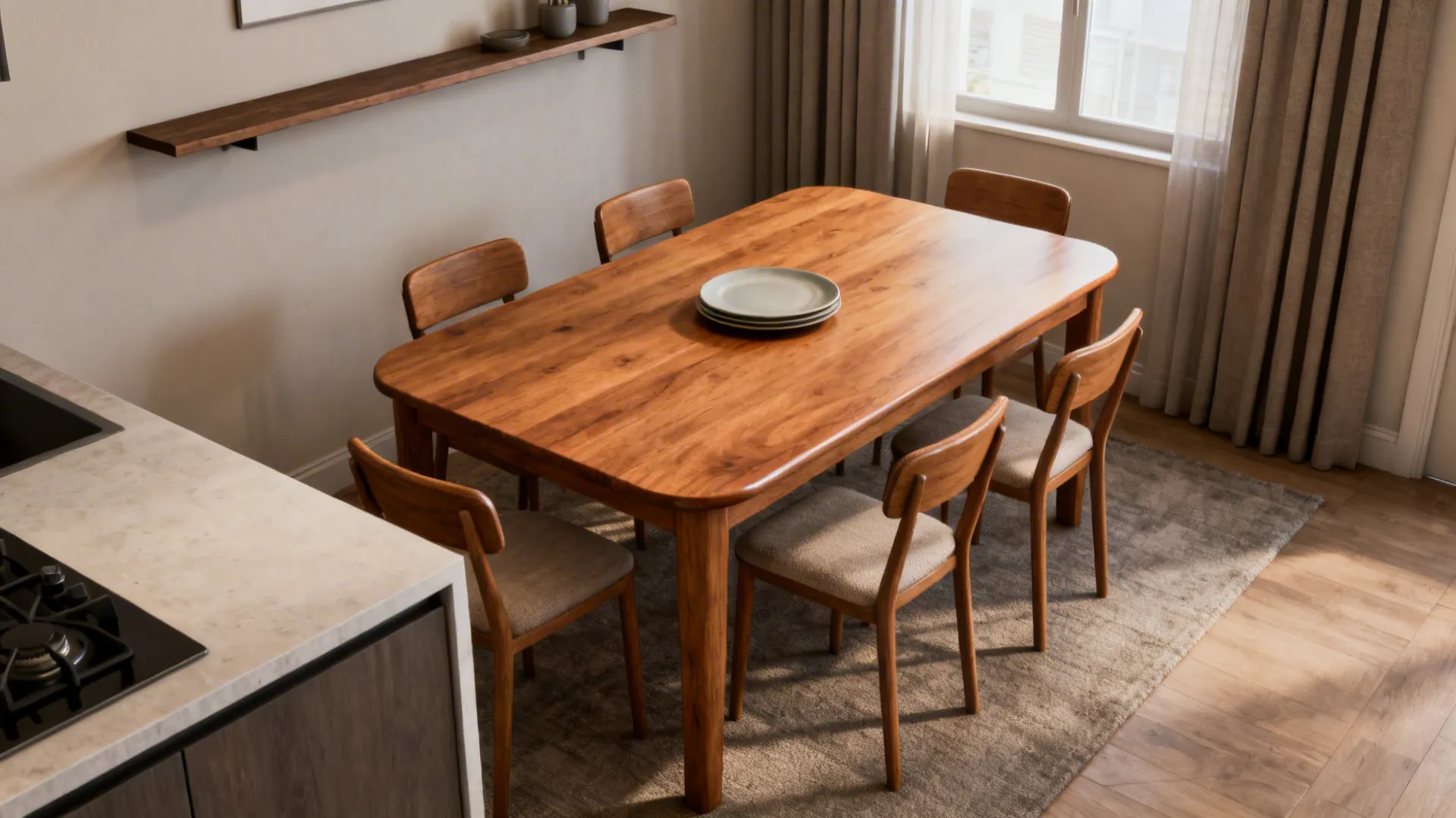 Compact dining nook with a 36x72 rectangular table and armless chairs in a small apartment.