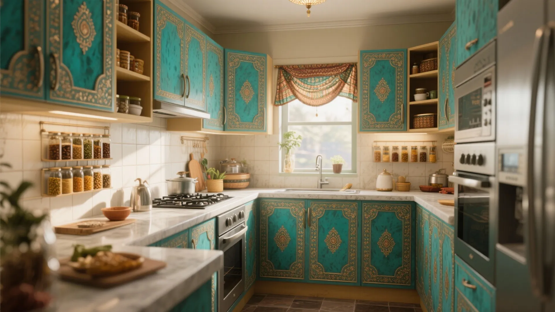 Compact Tamil Nadu kitchen with jewel tones and smart storage