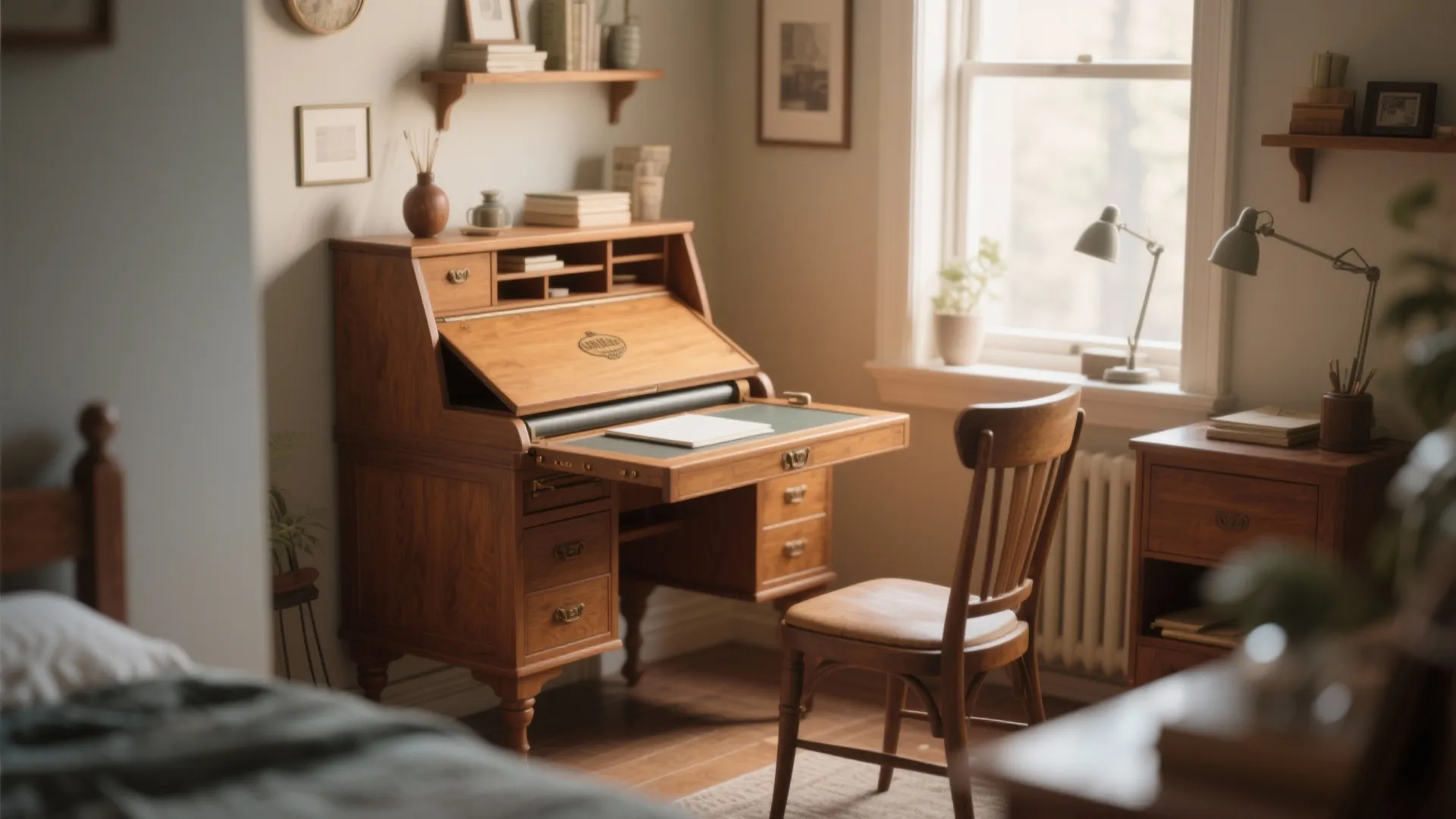 Classic wooden rolltop desk with pull out writing surface and matching chair in cozy room