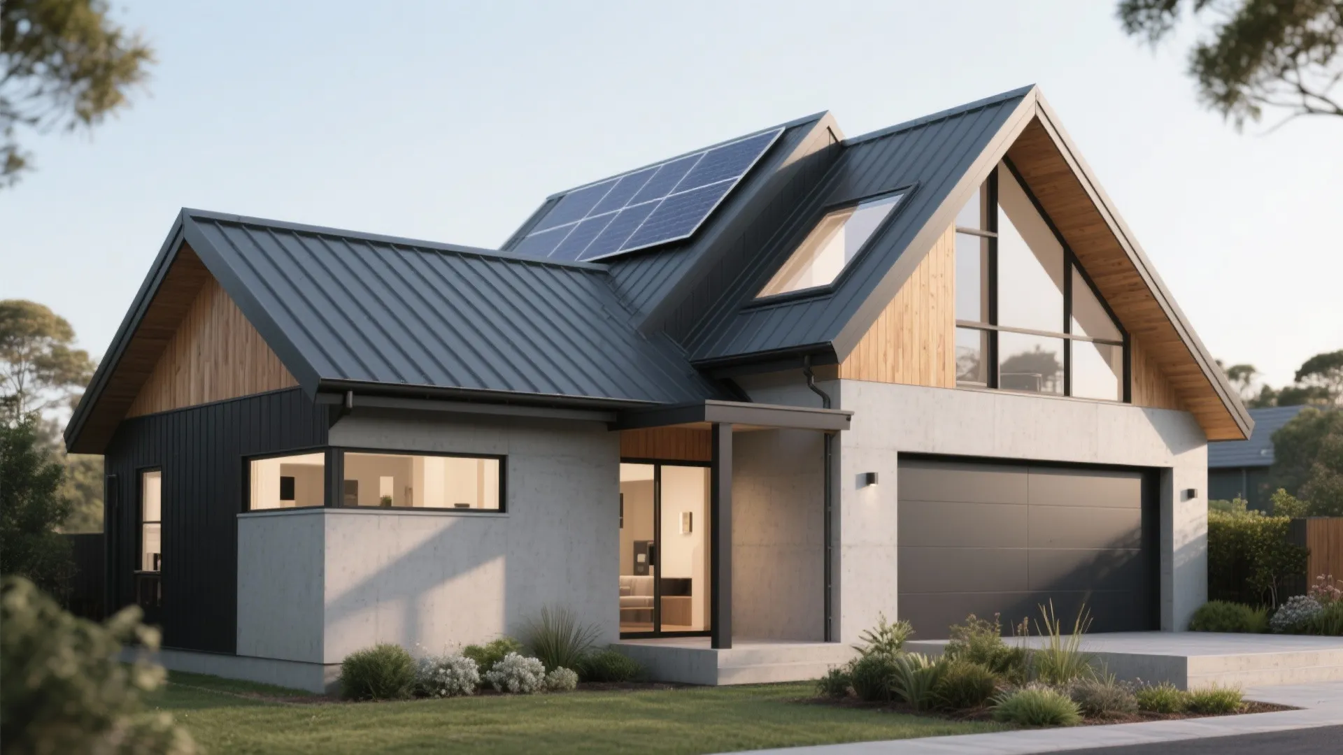 Modern house with black metal roof solar panels roof window concrete walls and black garage