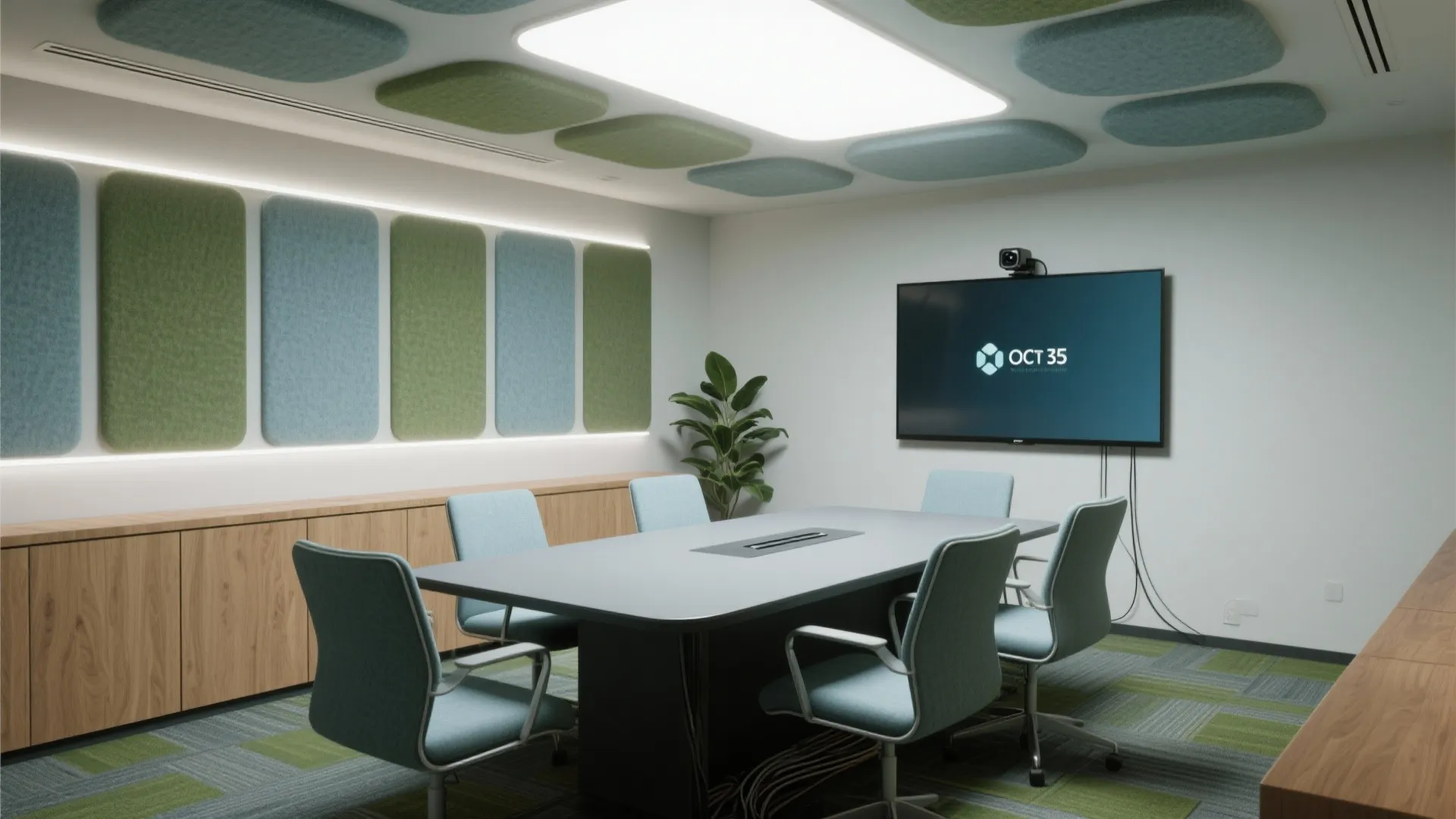 Modern conference room with grey table light blue chairs wall screen wooden cabinets green wall panels