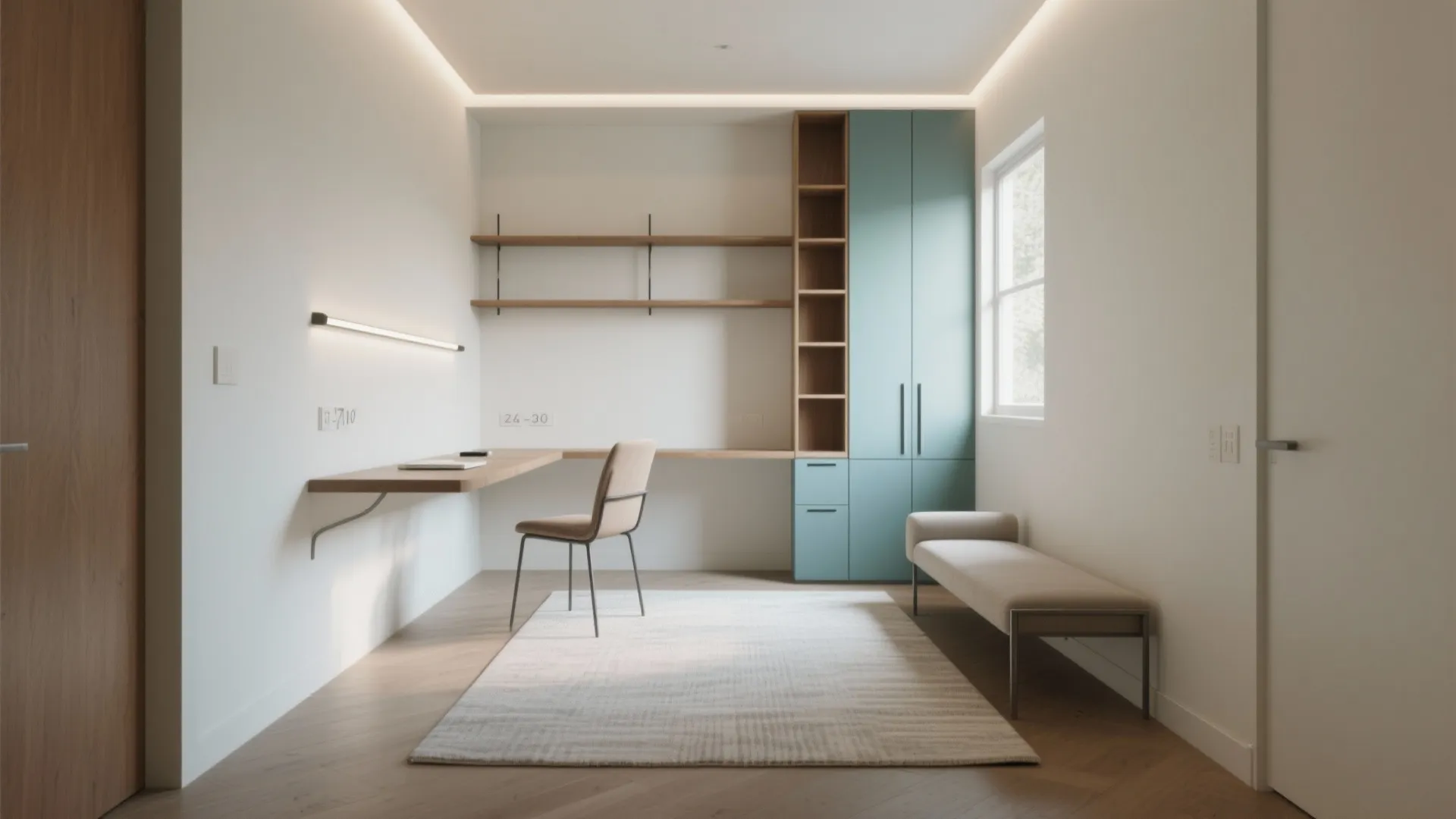 Modern home office with wooden desk blue cabinet shelves beige chair small bench and natural light