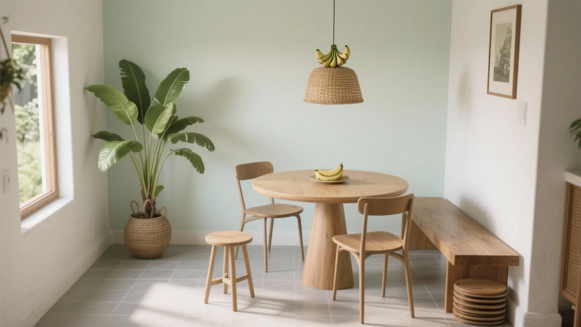 Minimalist dining space with round wooden table light green wall large plant and simple seating