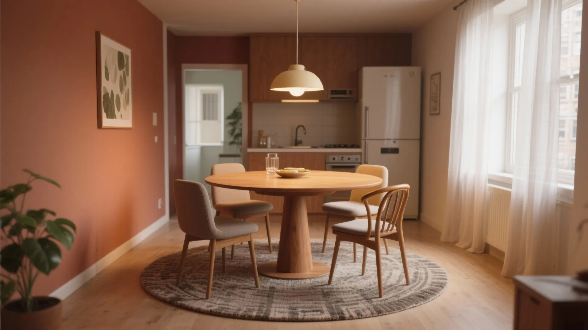 Modern round wooden dining table with four chairs on circular rug near small kitchen area