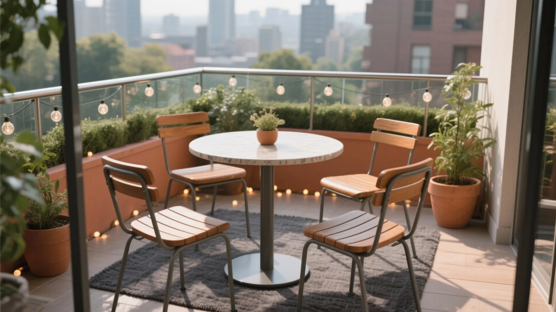 Outdoor balcony featuring a round marble table four wooden chairs string lights and city view