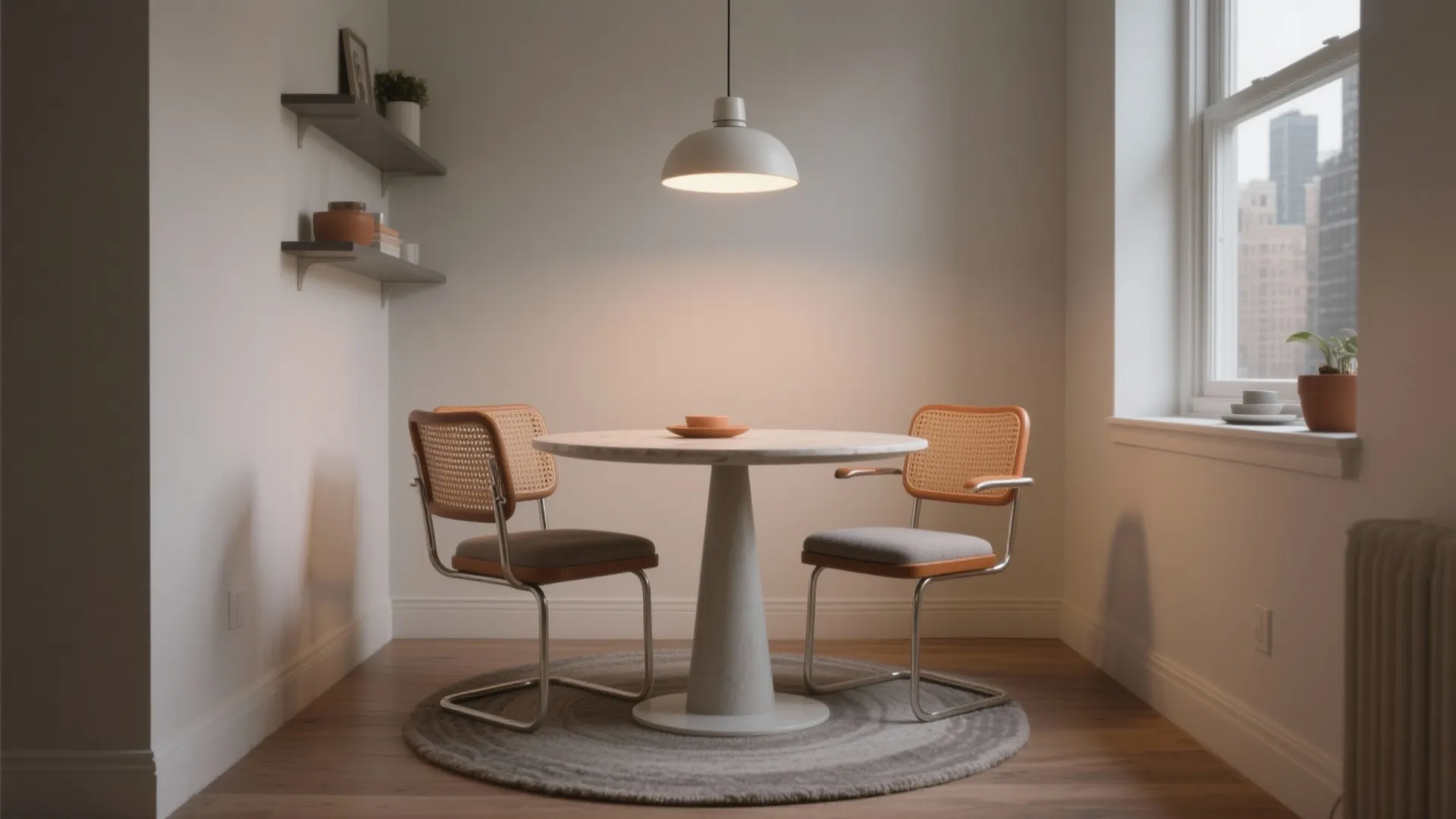 Modern small dining area with marble table, two woven chairs, hanging ceiling light, and window