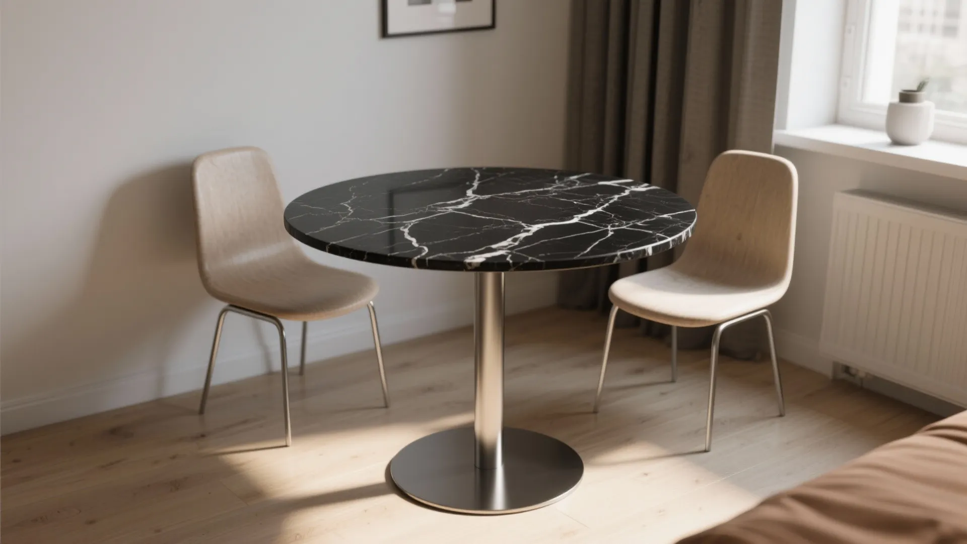 Round black marble dining table with silver metal base and two modern light wood chairs