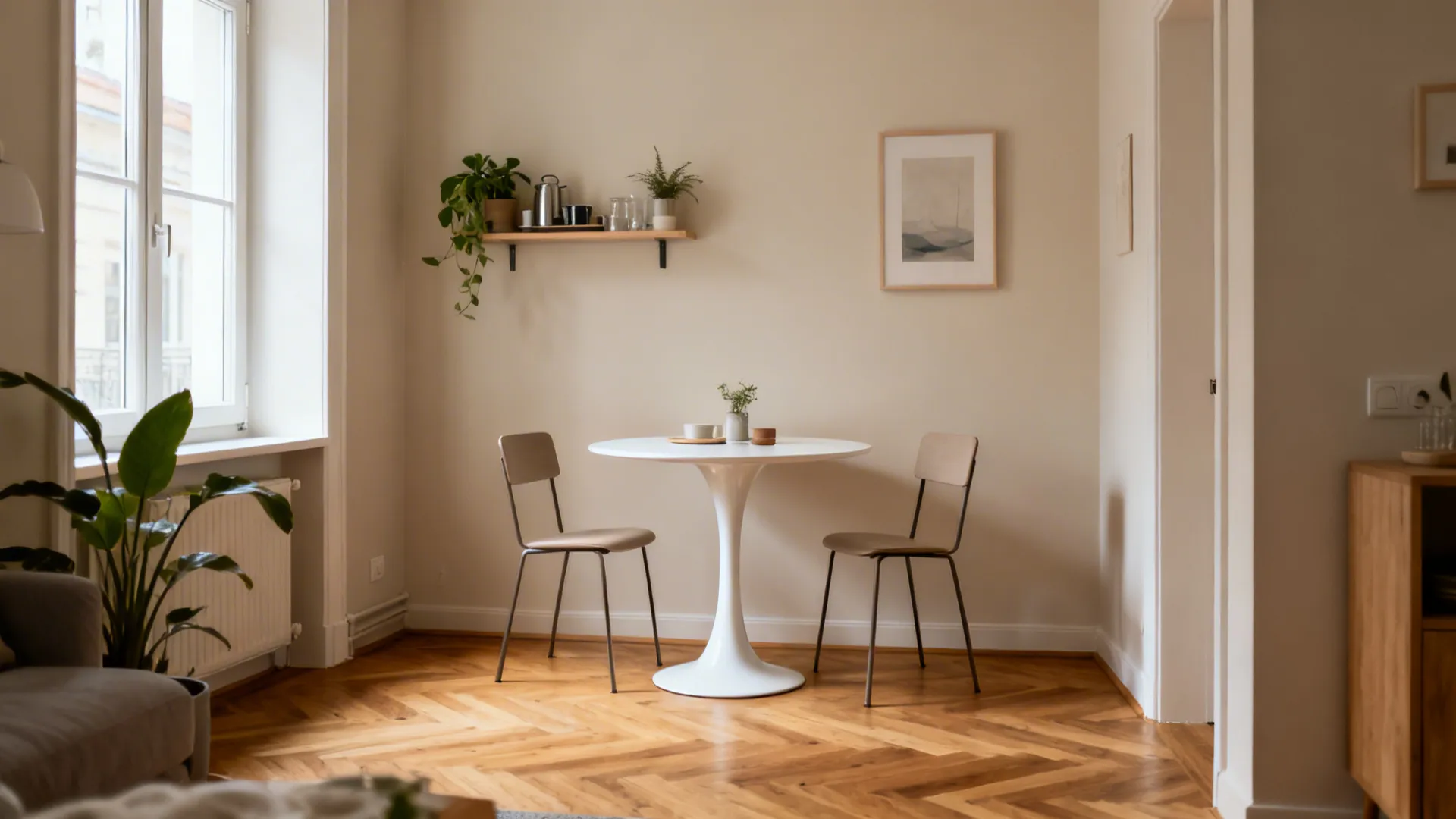 Small studio dining nook with a compact round pedestal table and two armless chairs.