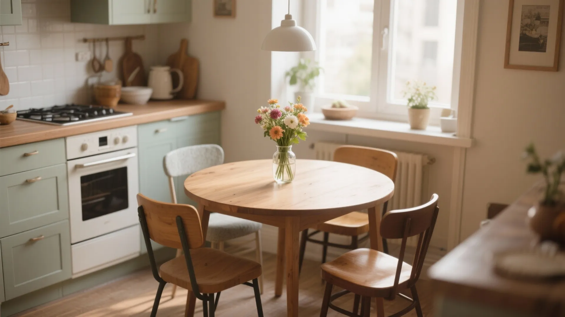 Small dining corner with round table and mixed chairs