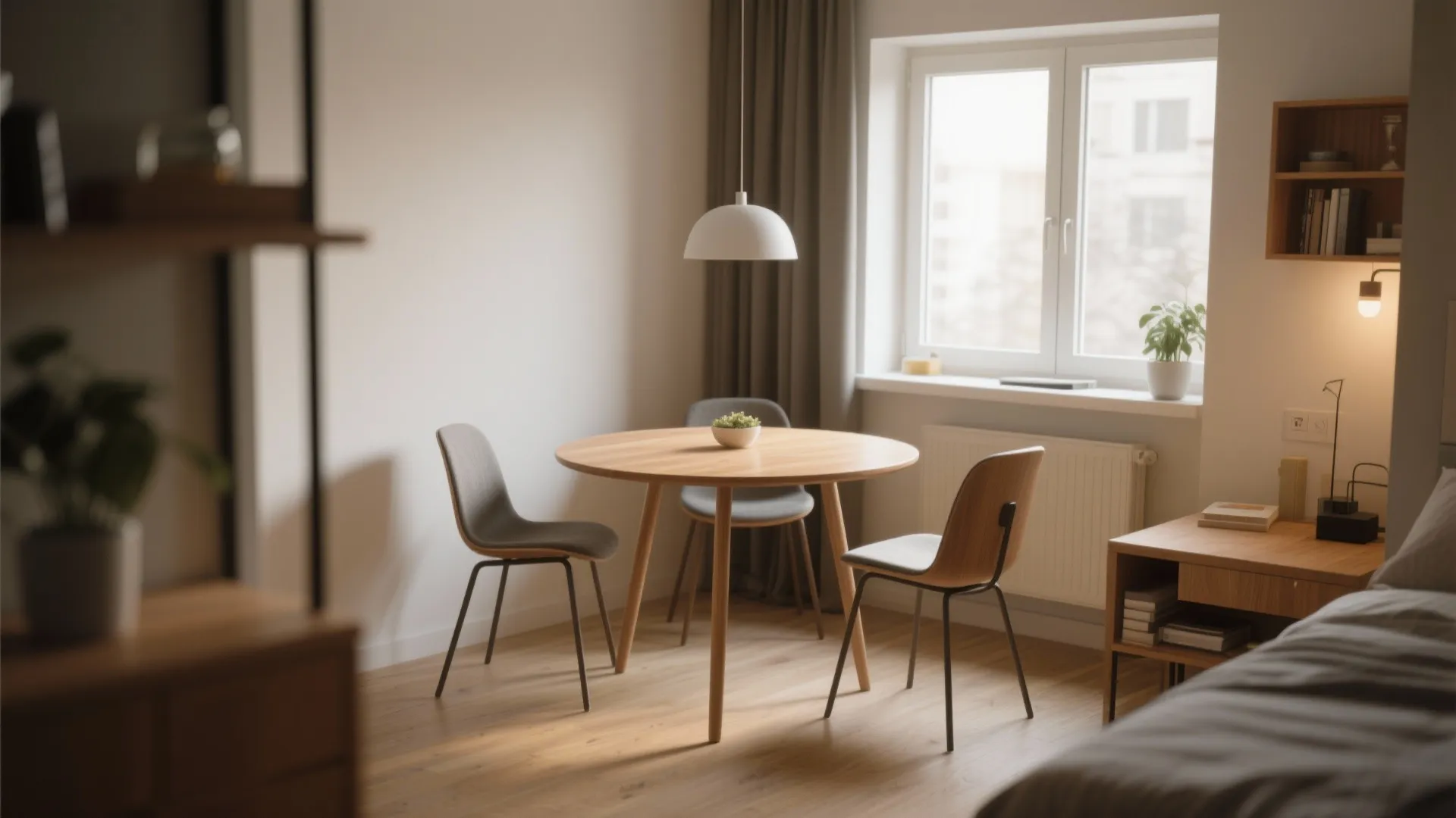 Small round dining table in bright modern apartment