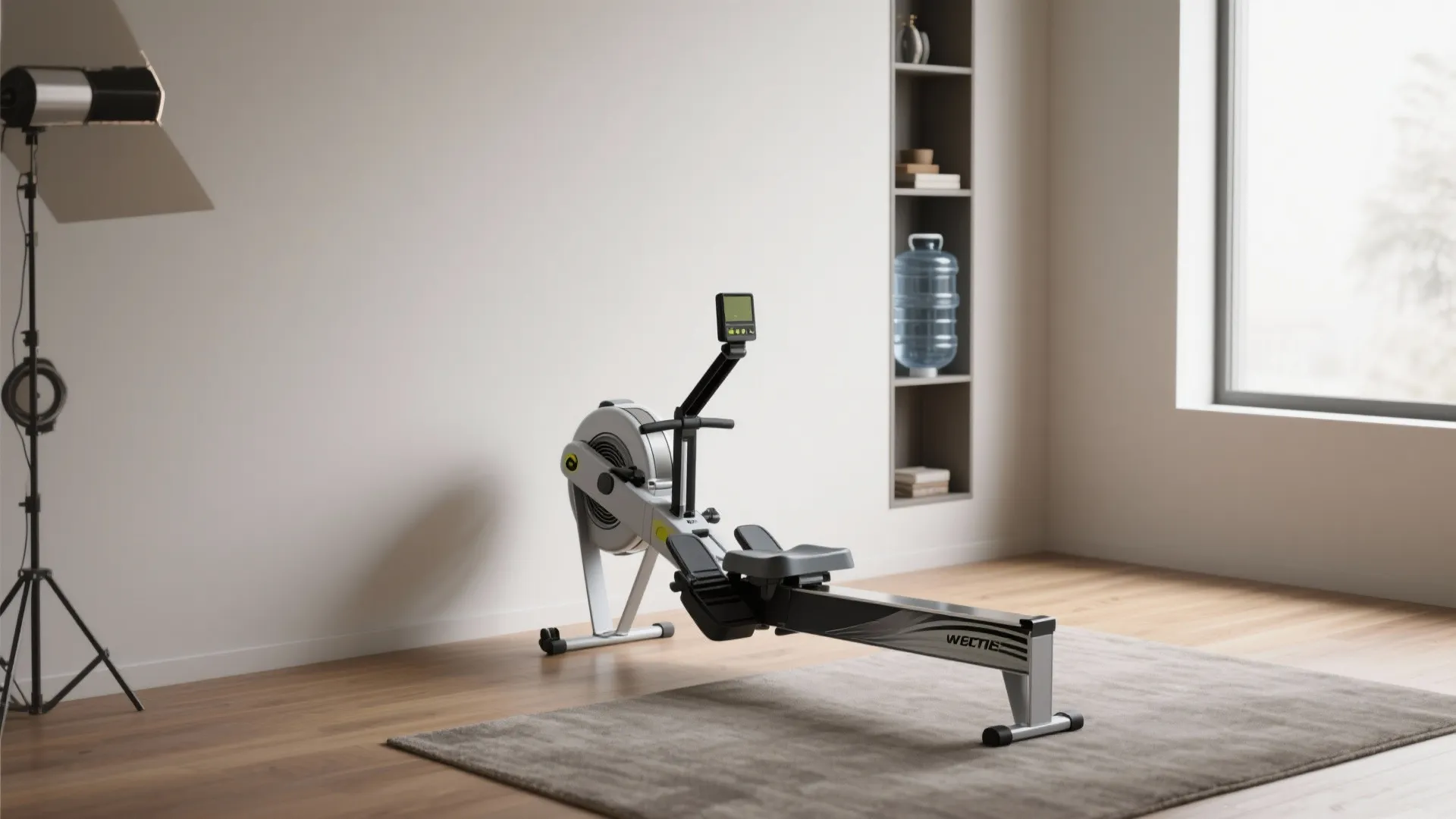 Rowing machine placed on a grey rug in a minimalist room with white walls and floor