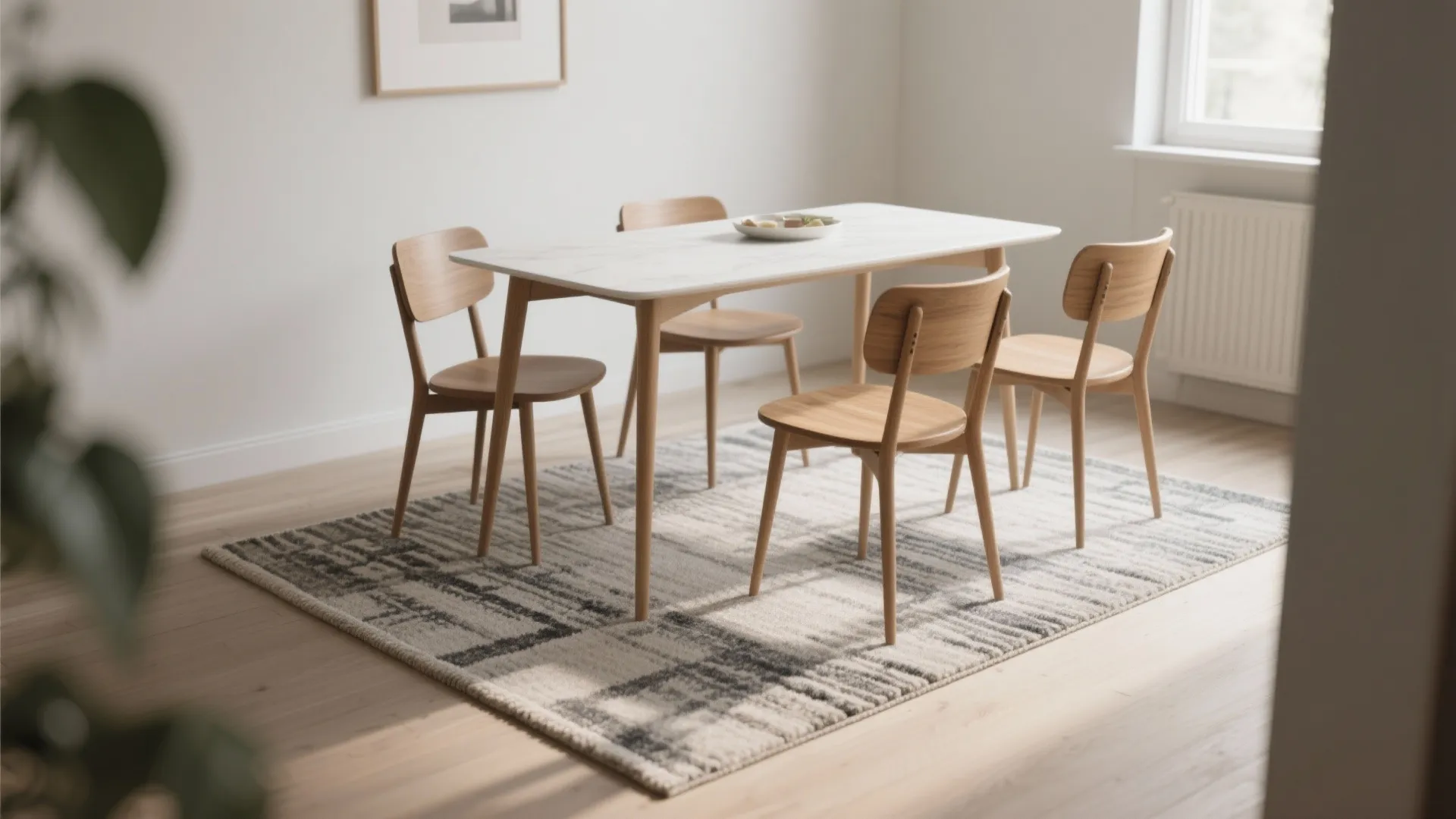 Small dining set anchored by a low-pile washable rug, showing correct rug sizing.