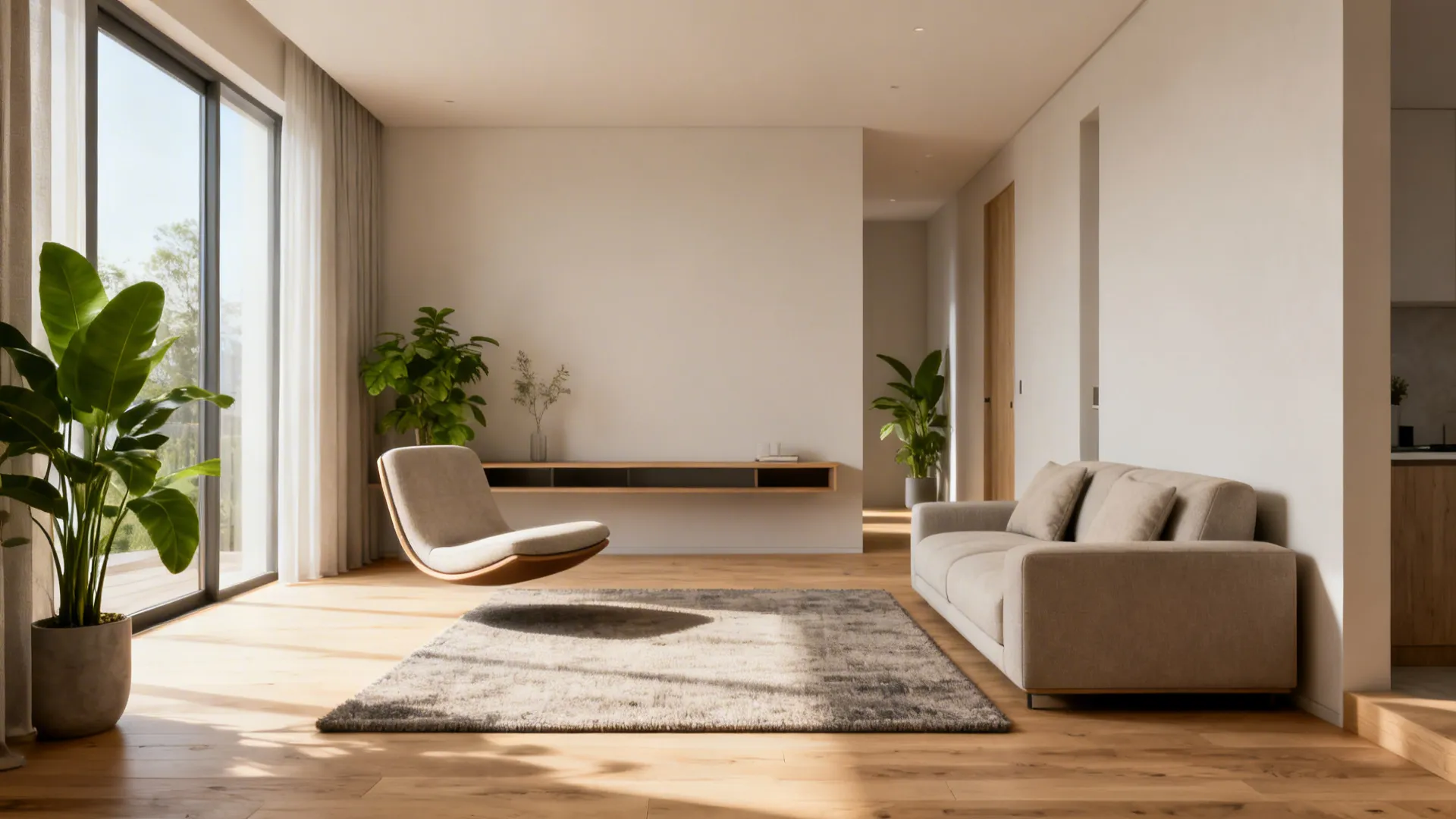 Small living room with a compact rug, floating chair, and narrow console behind a sofa keeping circulation clear.