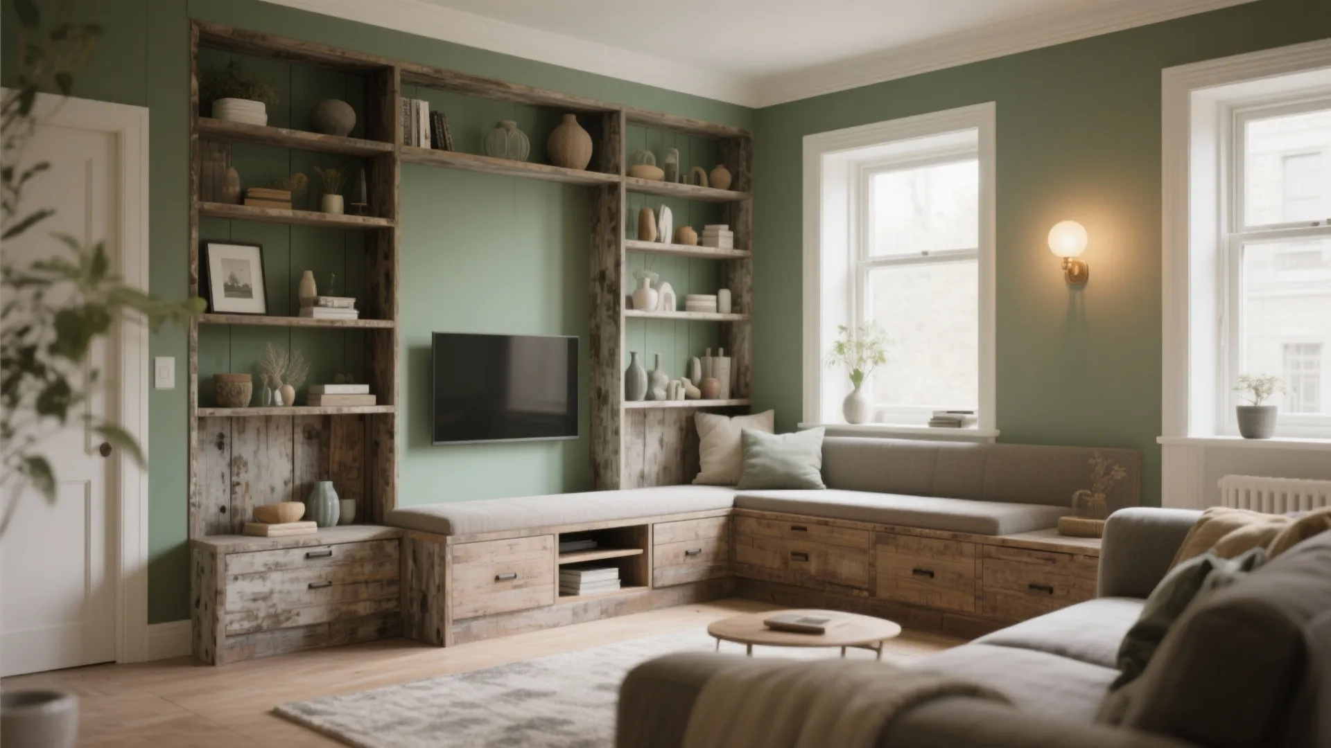 Living room with green walls featuring a large wooden cabinet wall unit and corner seating