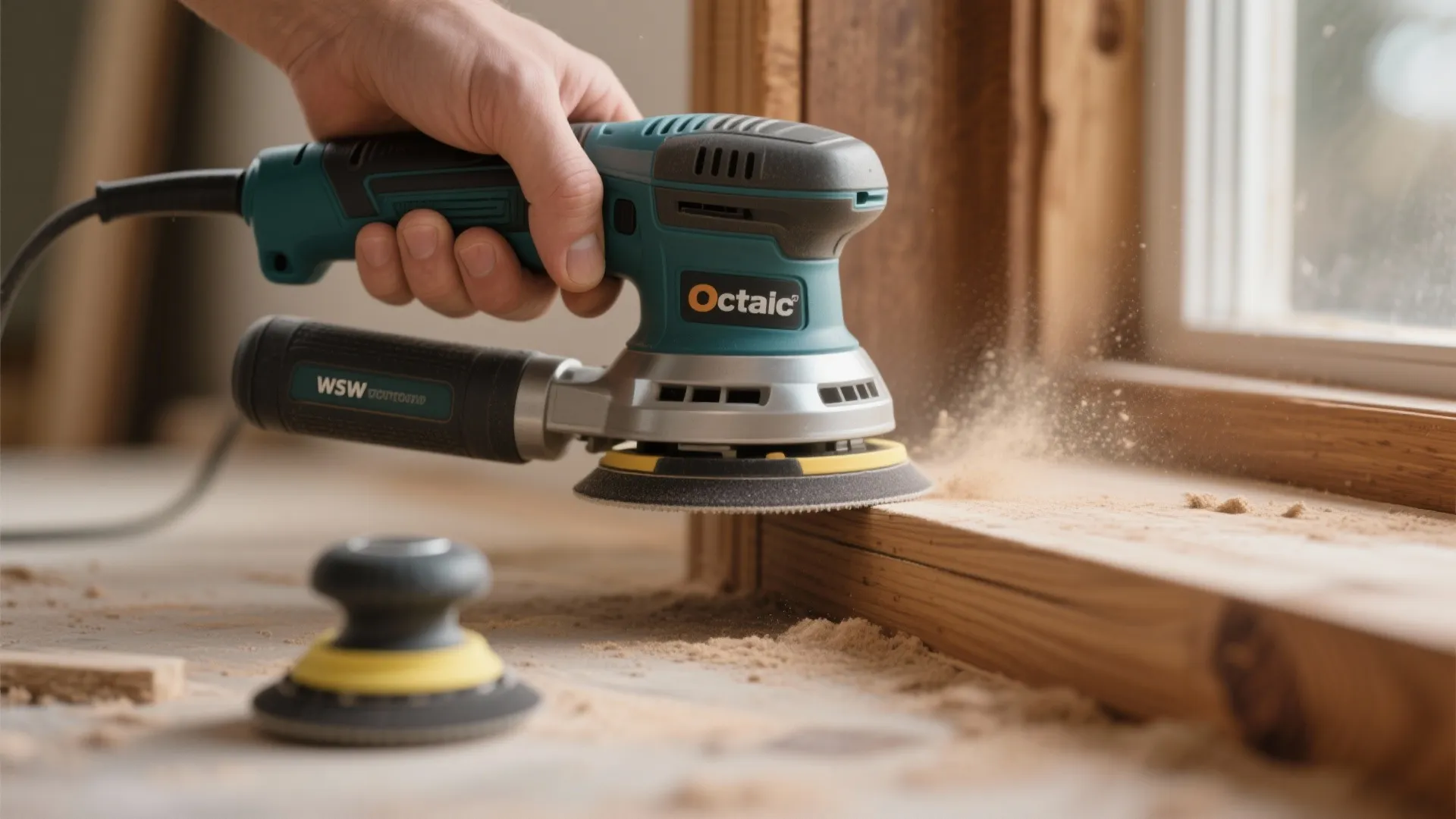 A person using a handheld electric sander on a wooden window frame with visible wood dust