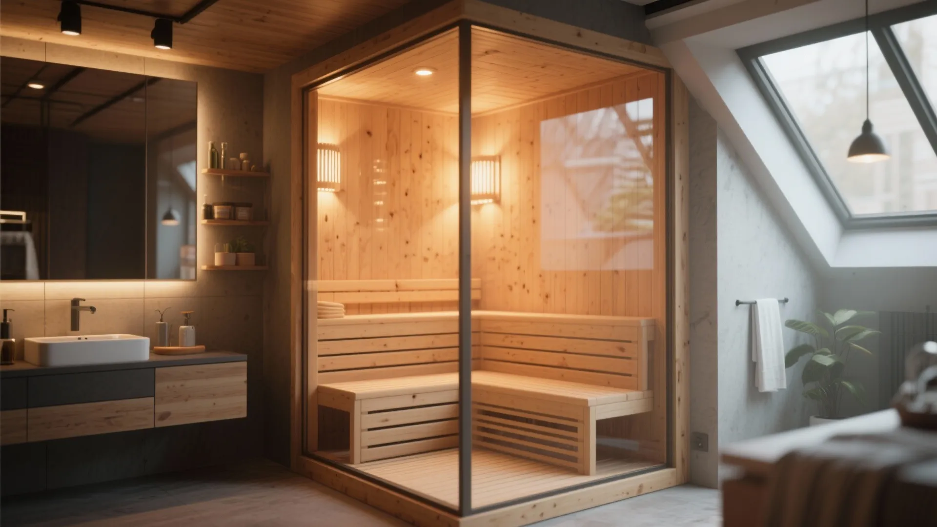 Wooden home sauna with glass walls inside a modern bathroom with sink cabinet and roof window