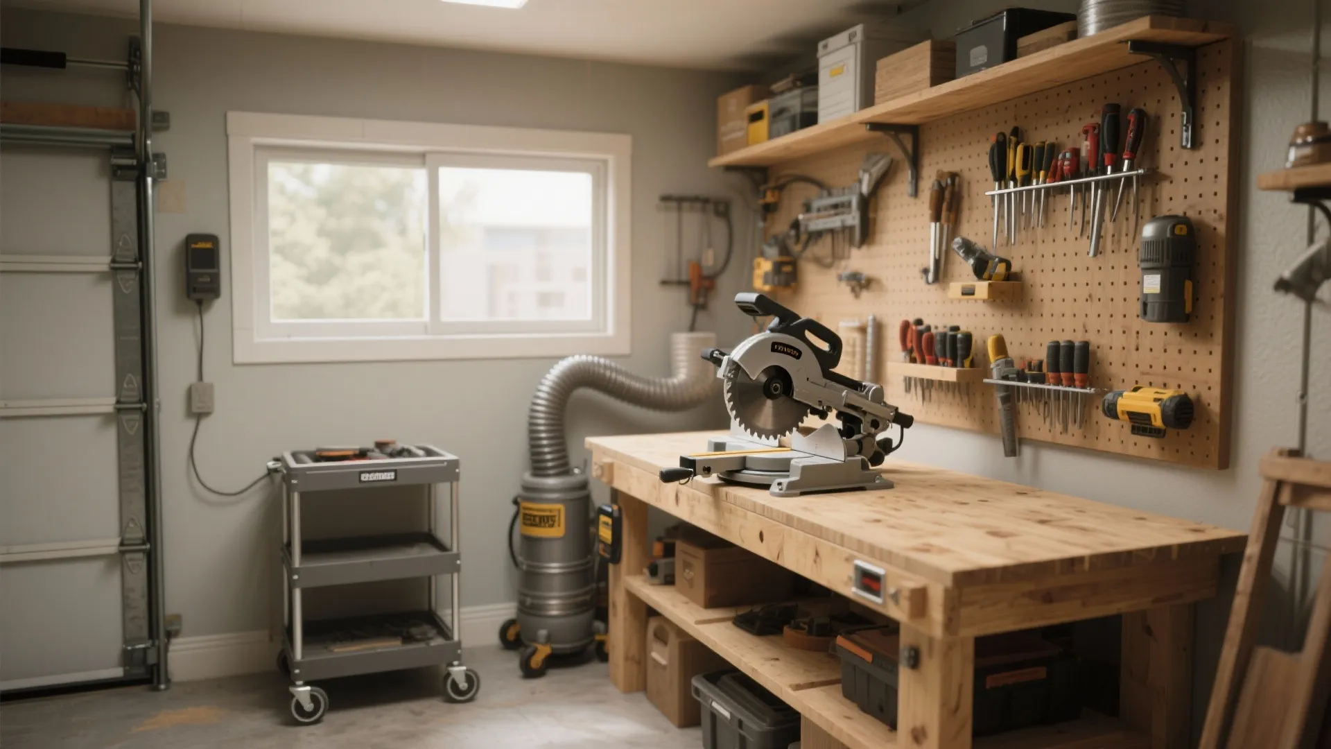 Well organized garage workshop with power saw on wooden workbench tools on wall and window light