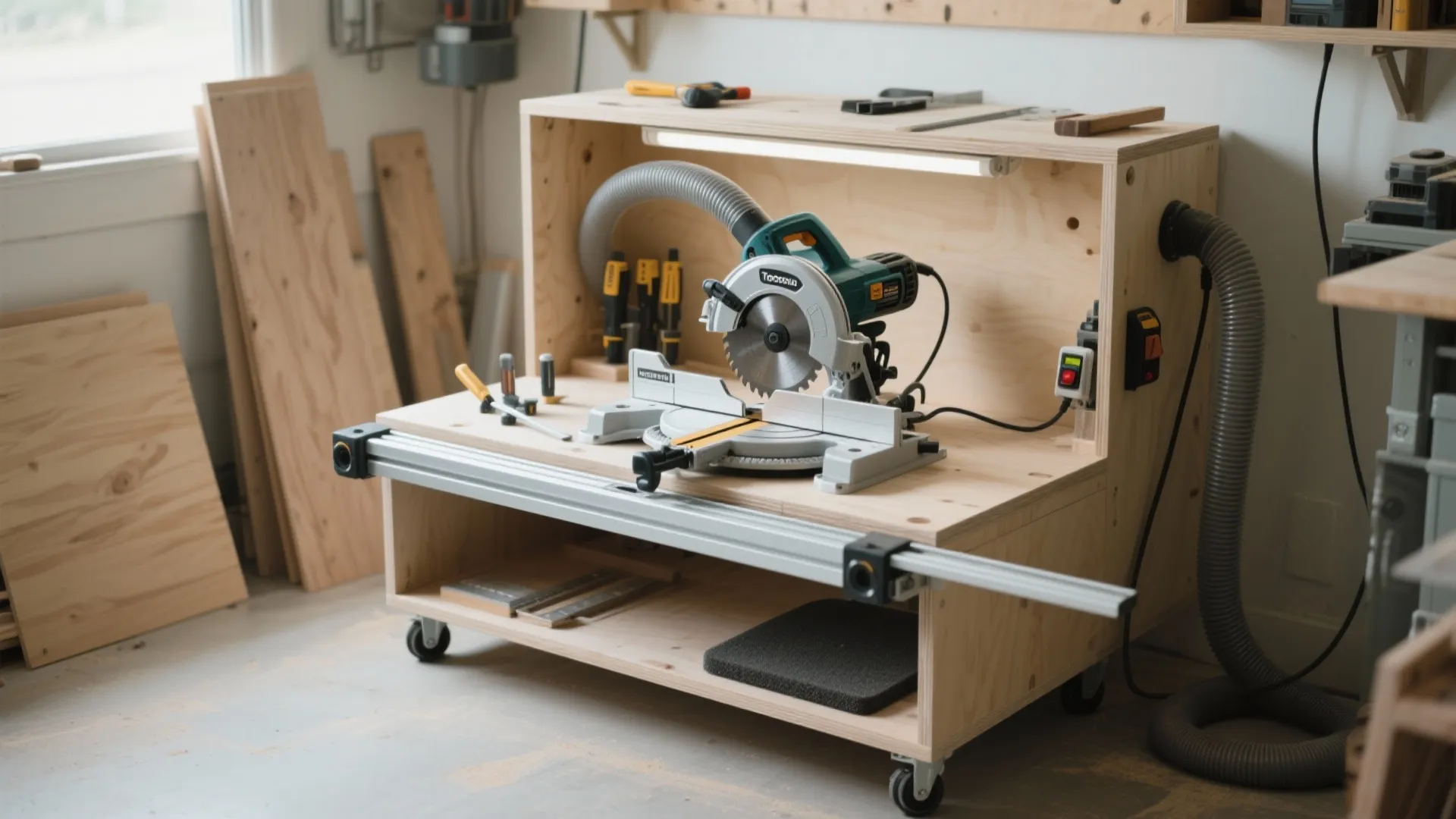 Wooden saw station on wheels with a power tool and vacuum hose in a workshop