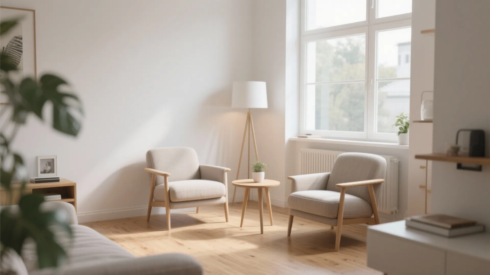 Two small armchairs in a bright, airy living room
