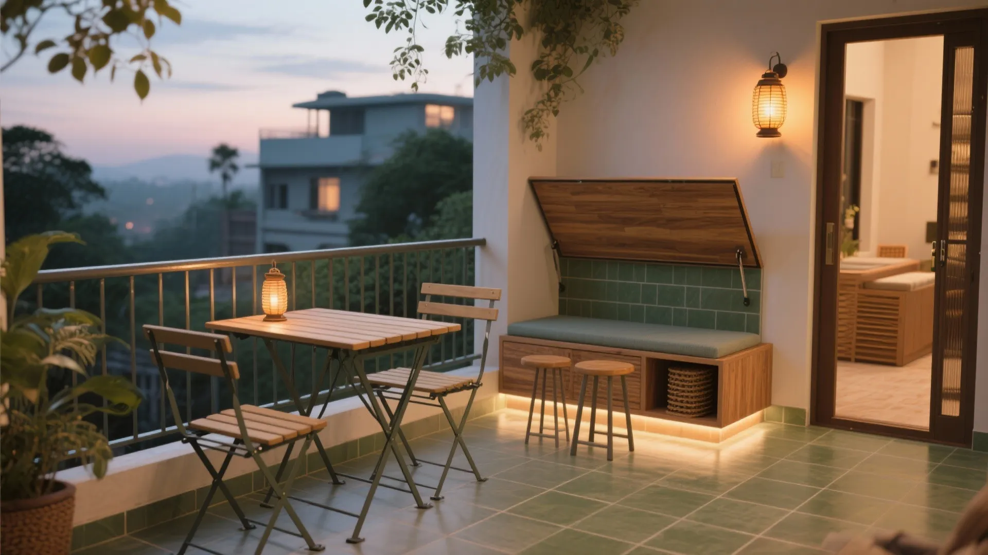 Outdoor balcony with wooden folding table and chairs plus a built-in bench with green tiles