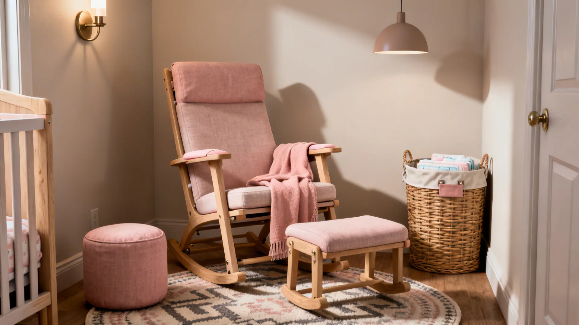 Slender glider and pouf creating a cozy feeding corner in a small nursery