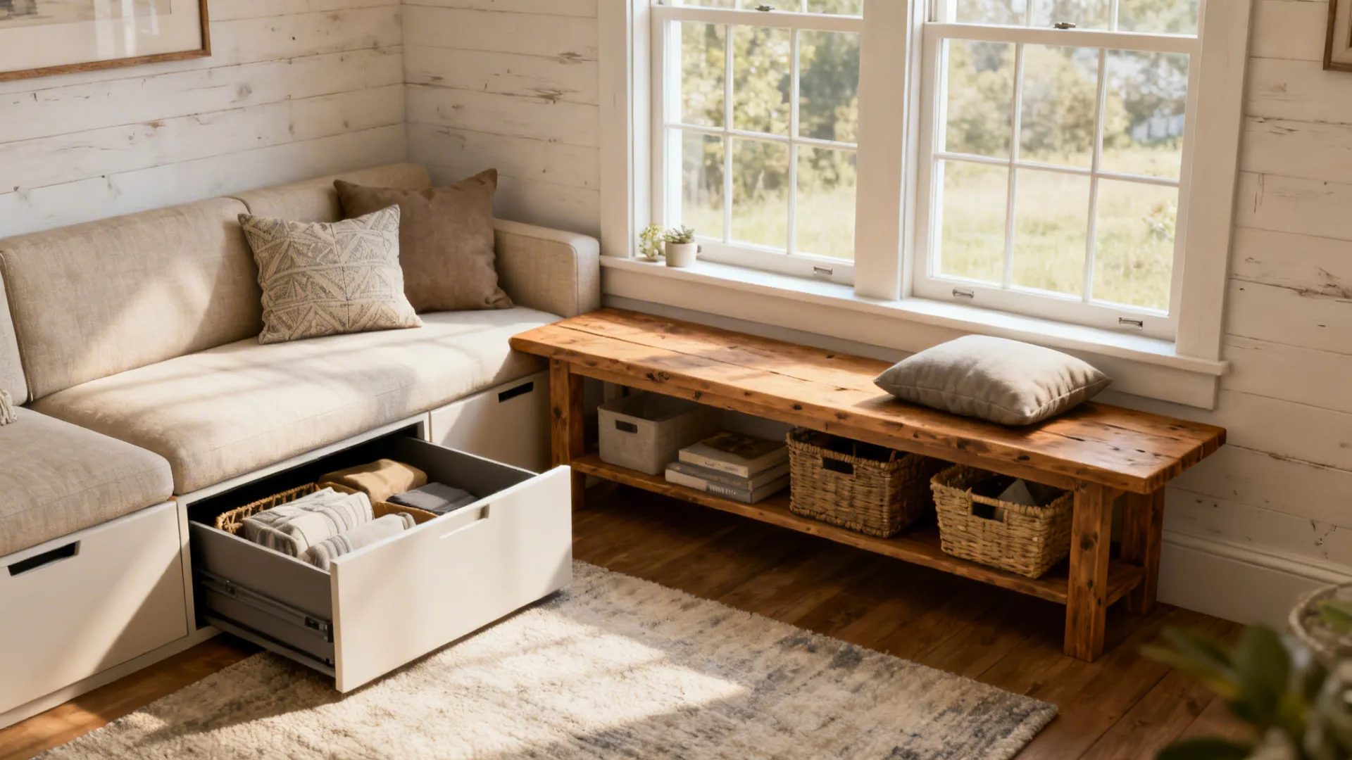 Small living room showing modular loveseat and narrow bench with hidden storage in farmhouse style