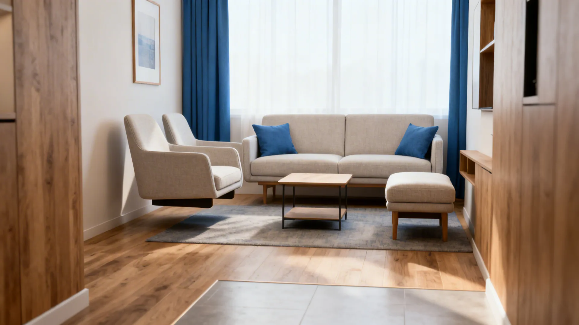 Compact seating with apartment sofa and slim open-base armchairs creating clear circulation.
