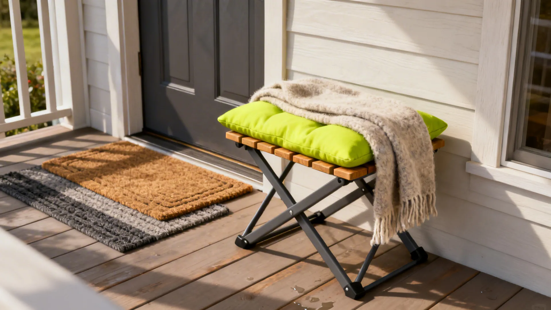 Small bench on a tiny porch with a colorful cushion and wool throw, layered mats beneath.